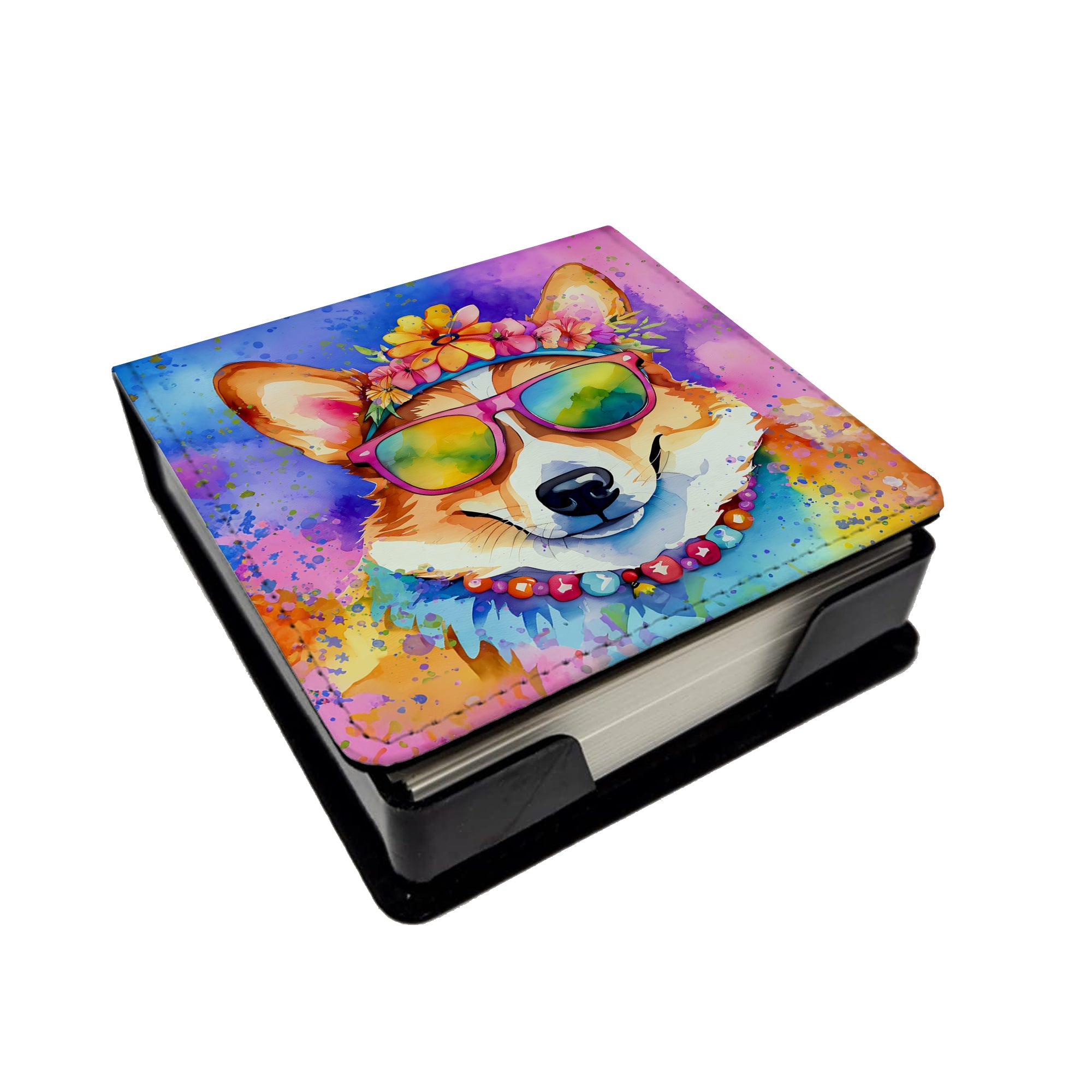 Corgi Hippie Dawg PU Leather Note Paper Holder with Artist-Designed Cover, Desk Accessory, Office Gift