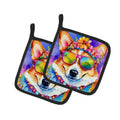 Corgi Hippie Dawg Pot Holder Set of 2 Heat Resistant Quilted Hot Pads 7.5 x 7.5 Inch, Insulated Kitchen Trivets for Cooking & Baking