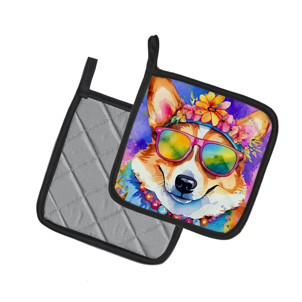 Corgi Hippie Dawg Pot Holder Set of 2 Heat Resistant Quilted Hot Pads 7.5 x 7.5 Inch, Insulated Kitchen Trivets for Cooking & Baking