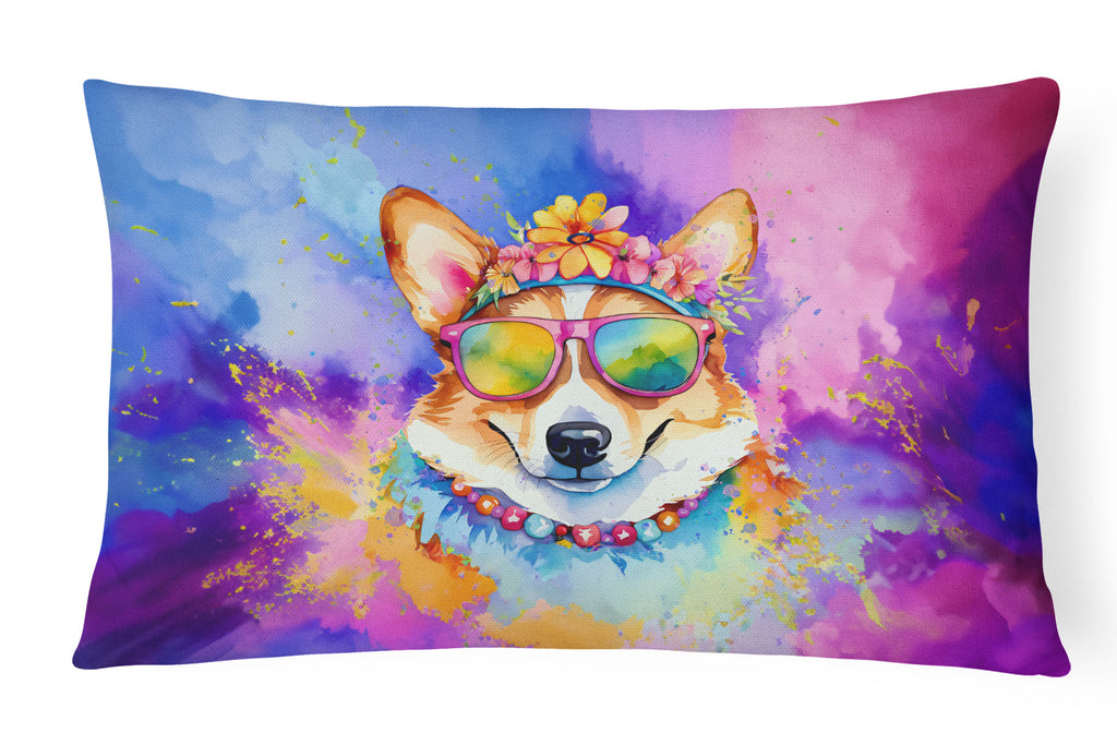 Corgi Hippie Dawg Decorative Throw Pillow 12x16 Indoor Outdoor Accent Cushion, Fabric Cover with Insert for Sofa, Bed, Porch & Living Room