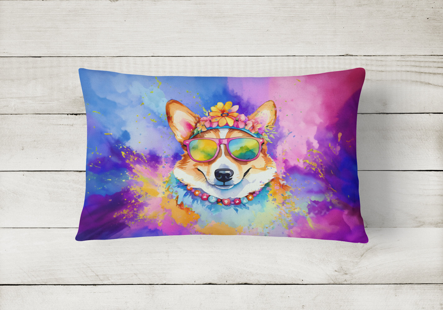 Corgi Hippie Dawg Decorative Throw Pillow 12x16 Indoor Outdoor Accent Cushion, Fabric Cover with Insert for Sofa, Bed, Porch & Living Room