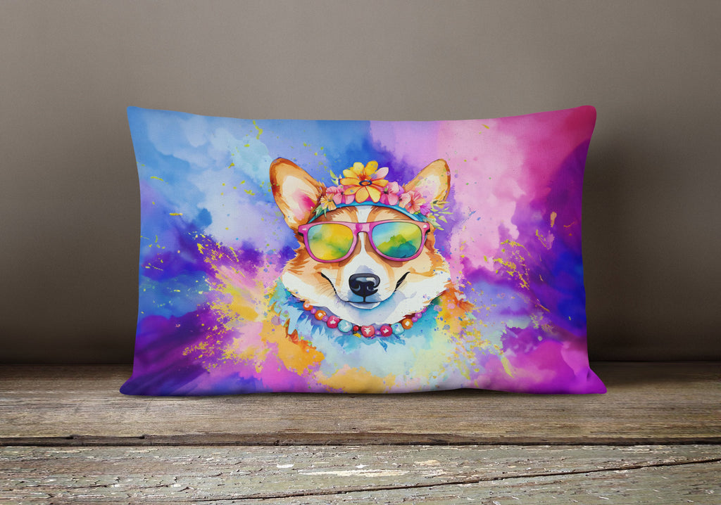 Corgi Hippie Dawg Decorative Throw Pillow 12x16 Indoor Outdoor Accent Cushion, Fabric Cover with Insert for Sofa, Bed, Porch & Living Room