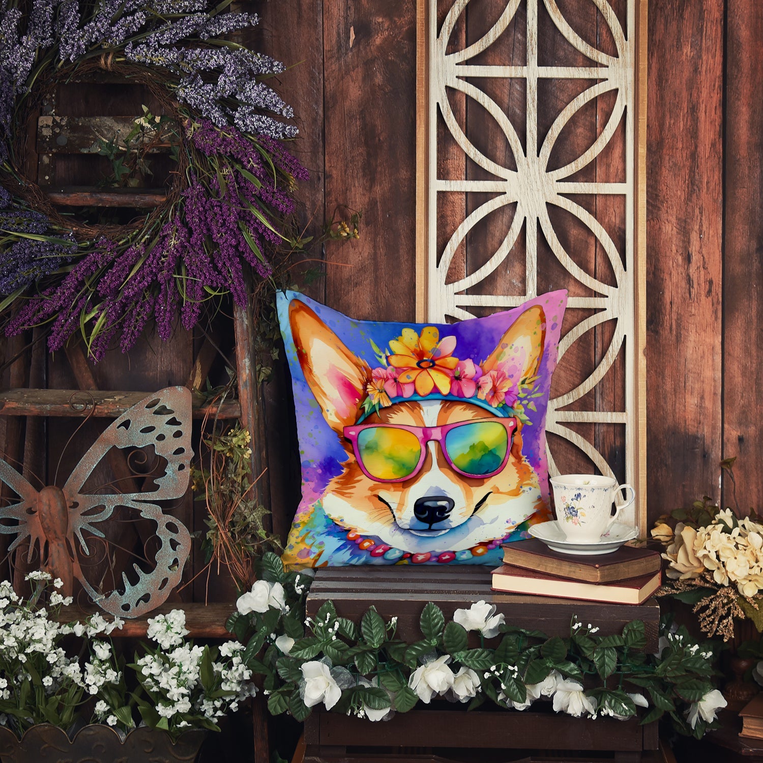 Corgi Hippie Dawg Decorative Throw Pillow 14x14 Indoor Outdoor Accent Cushion, Fabric Cover with Insert for Sofa, Bed, Porch & Living Room