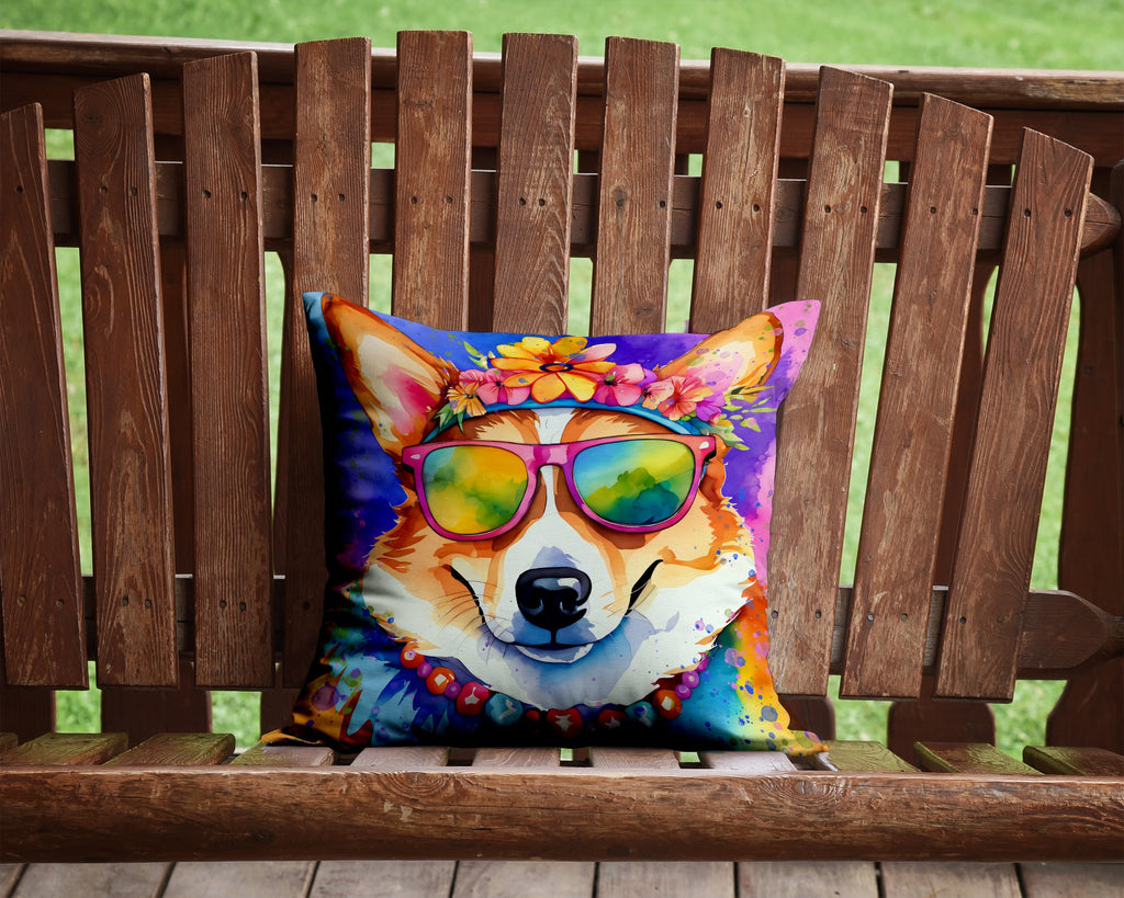 Corgi Hippie Dawg Decorative Throw Pillow 14x14 Indoor Outdoor Accent Cushion, Fabric Cover with Insert for Sofa, Bed, Porch & Living Room