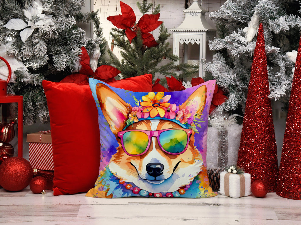 Corgi Hippie Dawg Decorative Throw Pillow 18x18 Indoor Outdoor Accent Cushion, Fabric Cover with Insert for Sofa, Bed, Porch & Living Room