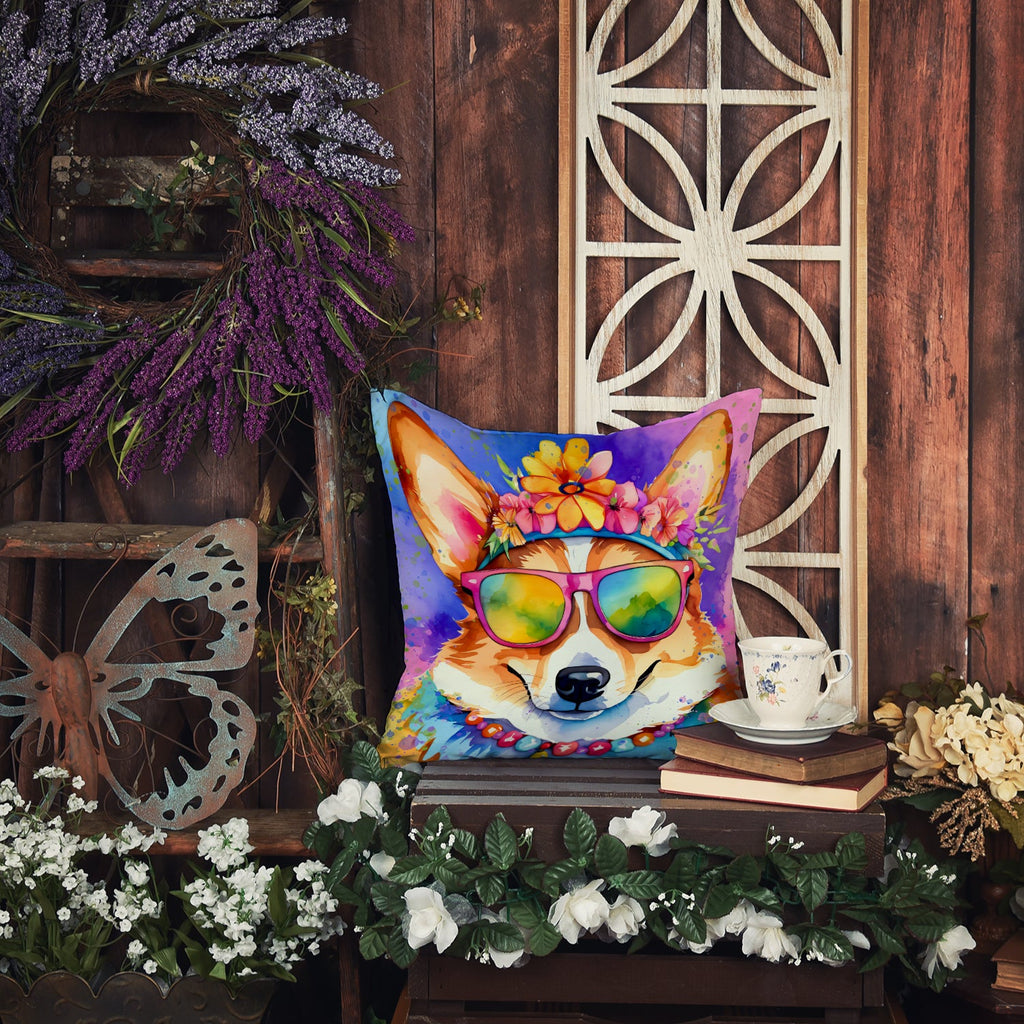 Corgi Hippie Dawg Decorative Throw Pillow 18x18 Indoor Outdoor Accent Cushion, Fabric Cover with Insert for Sofa, Bed, Porch & Living Room