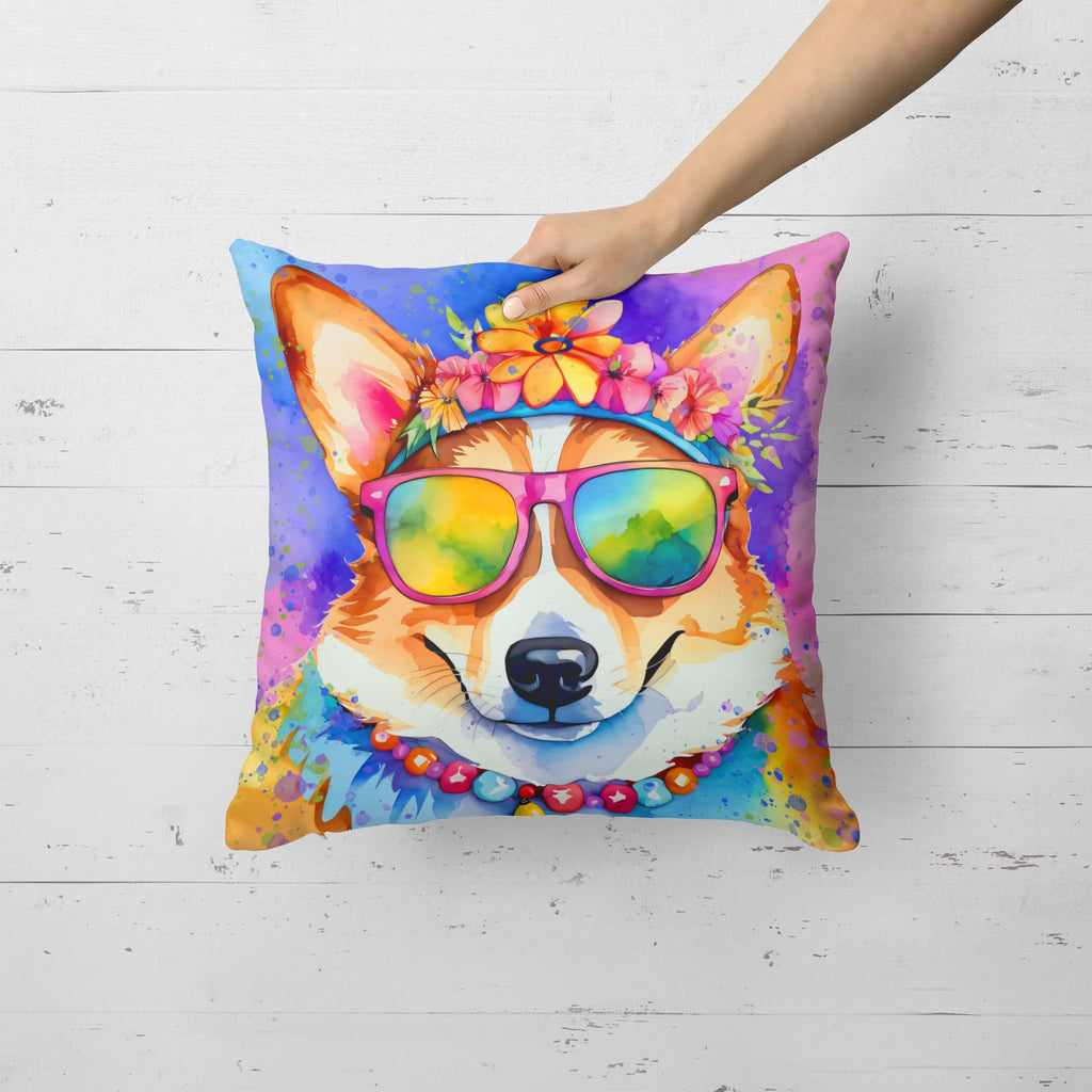 Corgi Hippie Dawg Decorative Throw Pillow 18x18 Indoor Outdoor Accent Cushion, Fabric Cover with Insert for Sofa, Bed, Porch & Living Room