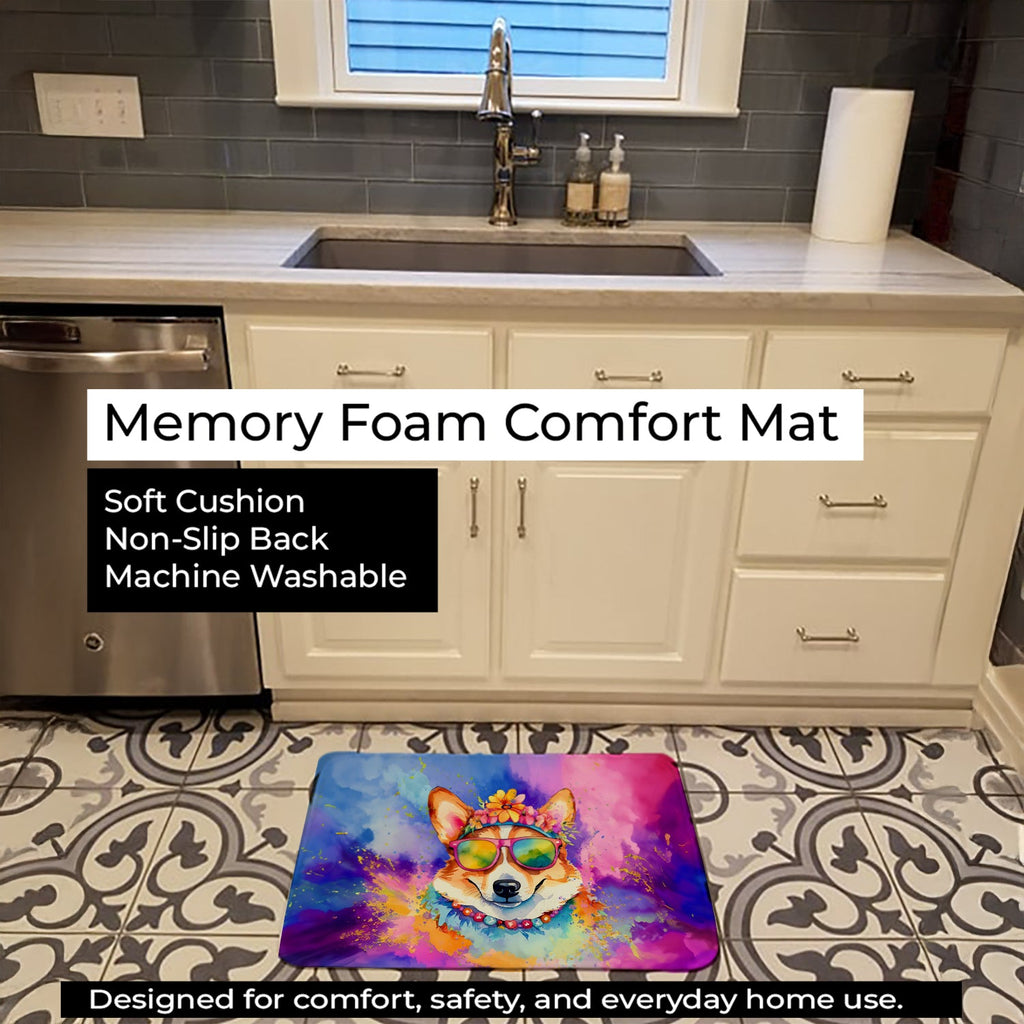Corgi Hippie Dawg Memory Foam Kitchen Mat Machine Washable Anti-Fatigue Cushion Comfort Bath or Kitchen Rug