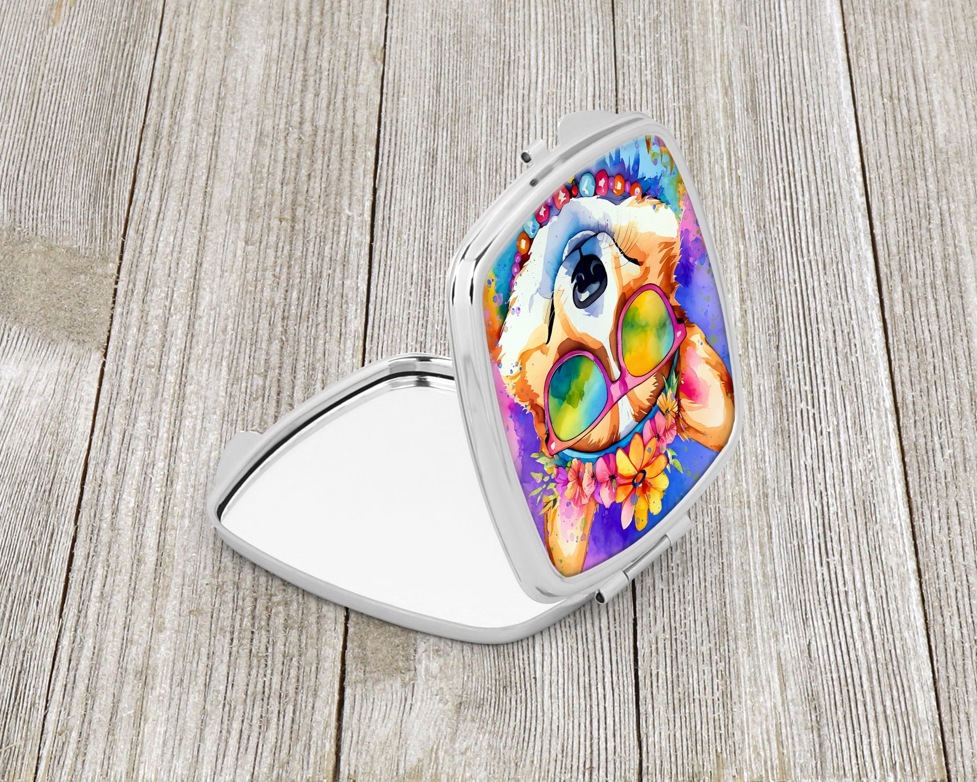 Corgi Hippie Dawg Compact Mirror Decorative Travel Makeup Mirror for Women Girls Gifts Pocket Makeup Mirror Folding Handheld