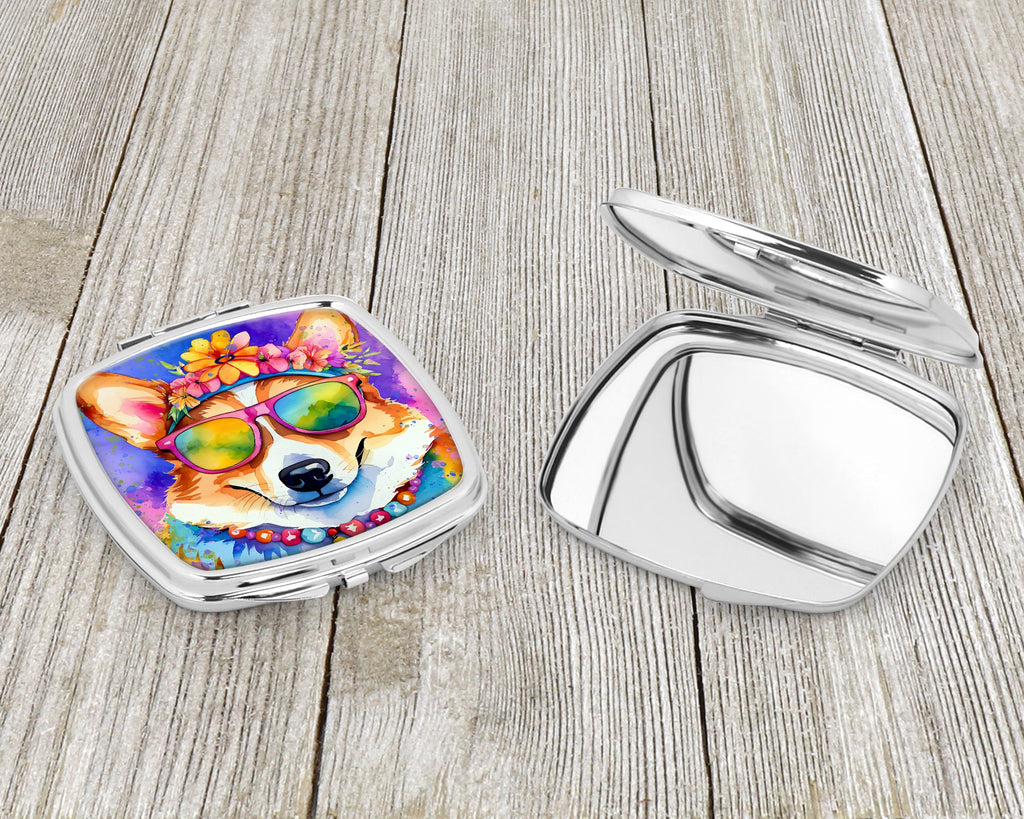 Corgi Hippie Dawg Compact Mirror Decorative Travel Makeup Mirror for Women Girls Gifts Pocket Makeup Mirror Folding Handheld