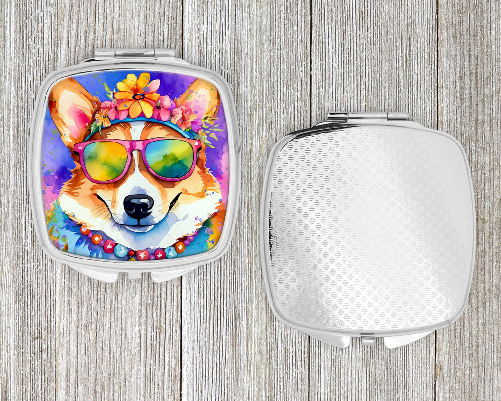 Corgi Hippie Dawg Compact Mirror Decorative Travel Makeup Mirror for Women Girls Gifts Pocket Makeup Mirror Folding Handheld