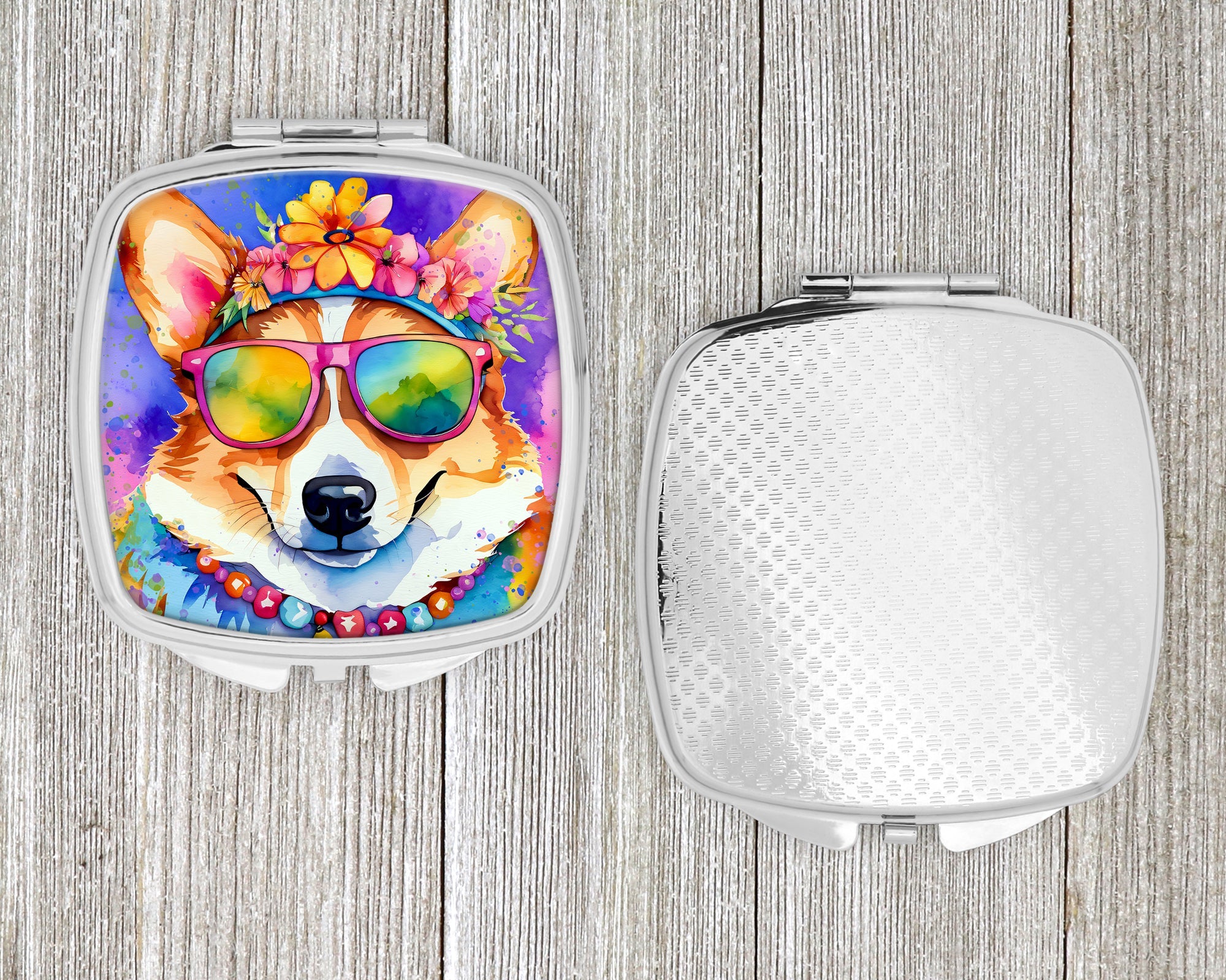 Corgi Hippie Dawg Compact Mirror Decorative Travel Makeup Mirror for Women Girls Gifts Pocket Makeup Mirror Folding Handheld