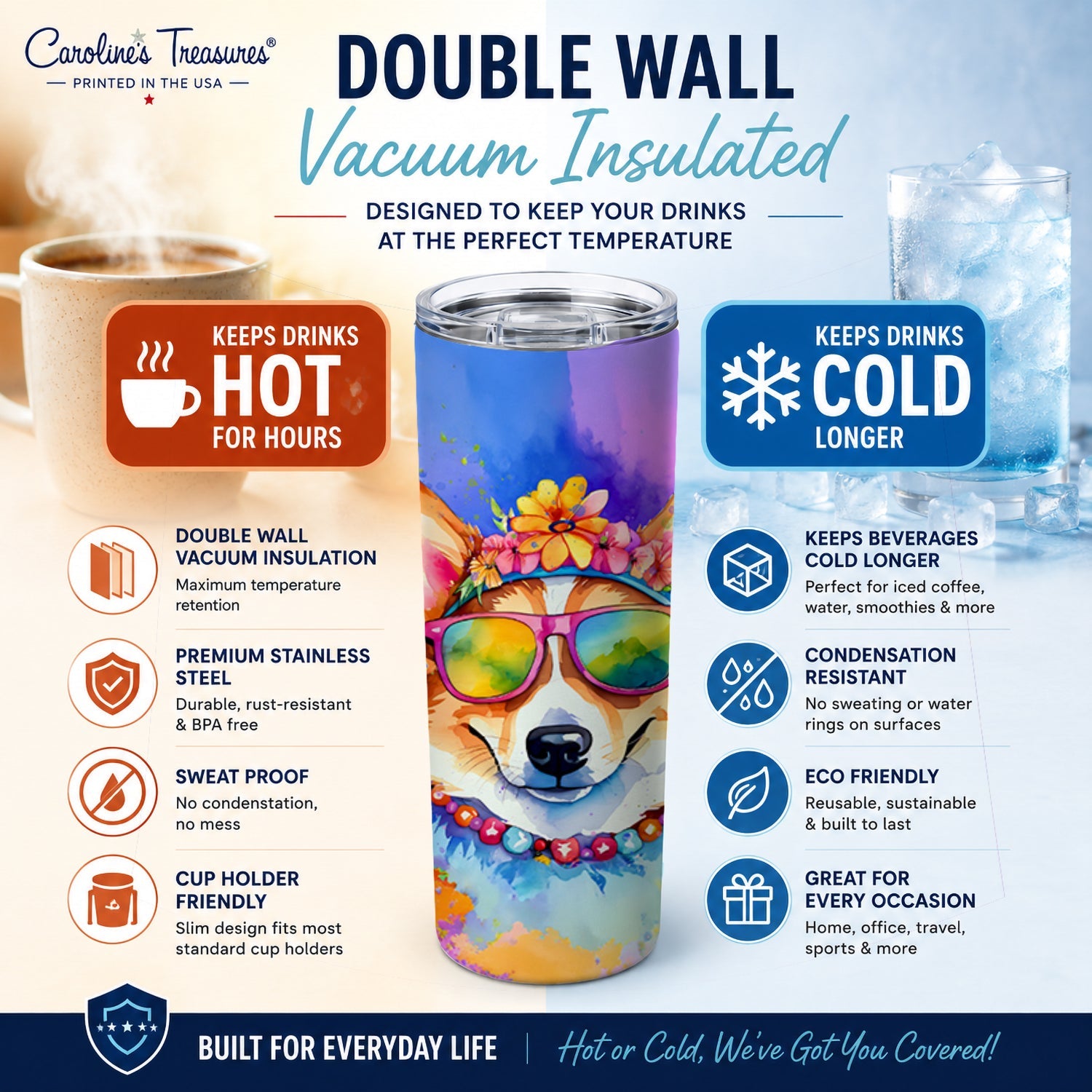 Corgi Hippie Dawg Stainless Steel Skinny Tumbler 20 oz Vacuum Double Walled Reusable Insulated Travel Cup