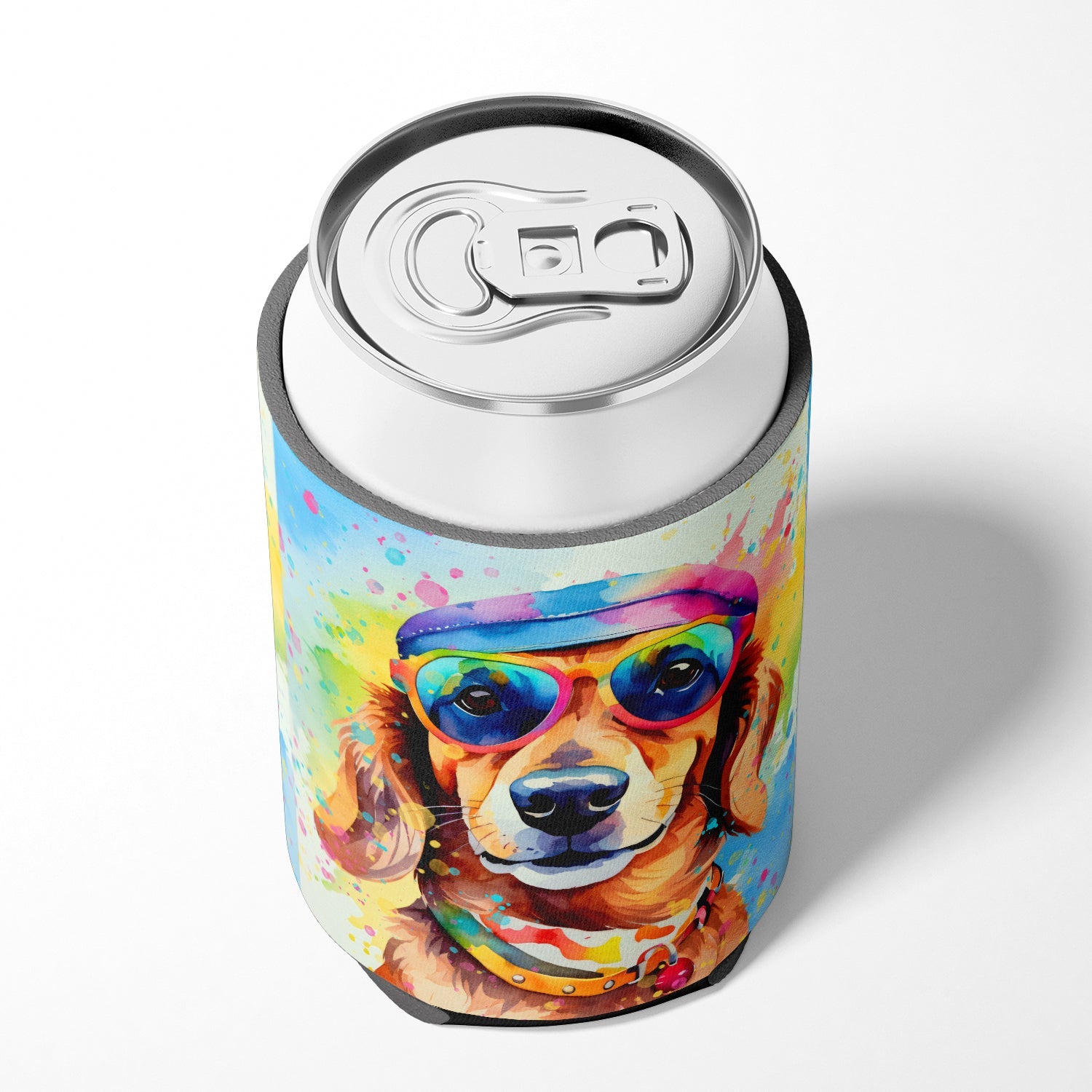 Dachshund Hippie Dawg Can or Bottle Hugger Cooler Sleeve for Standard 12 oz Cans, Insulated Foam Beer & Soda Can Hugger Reusable