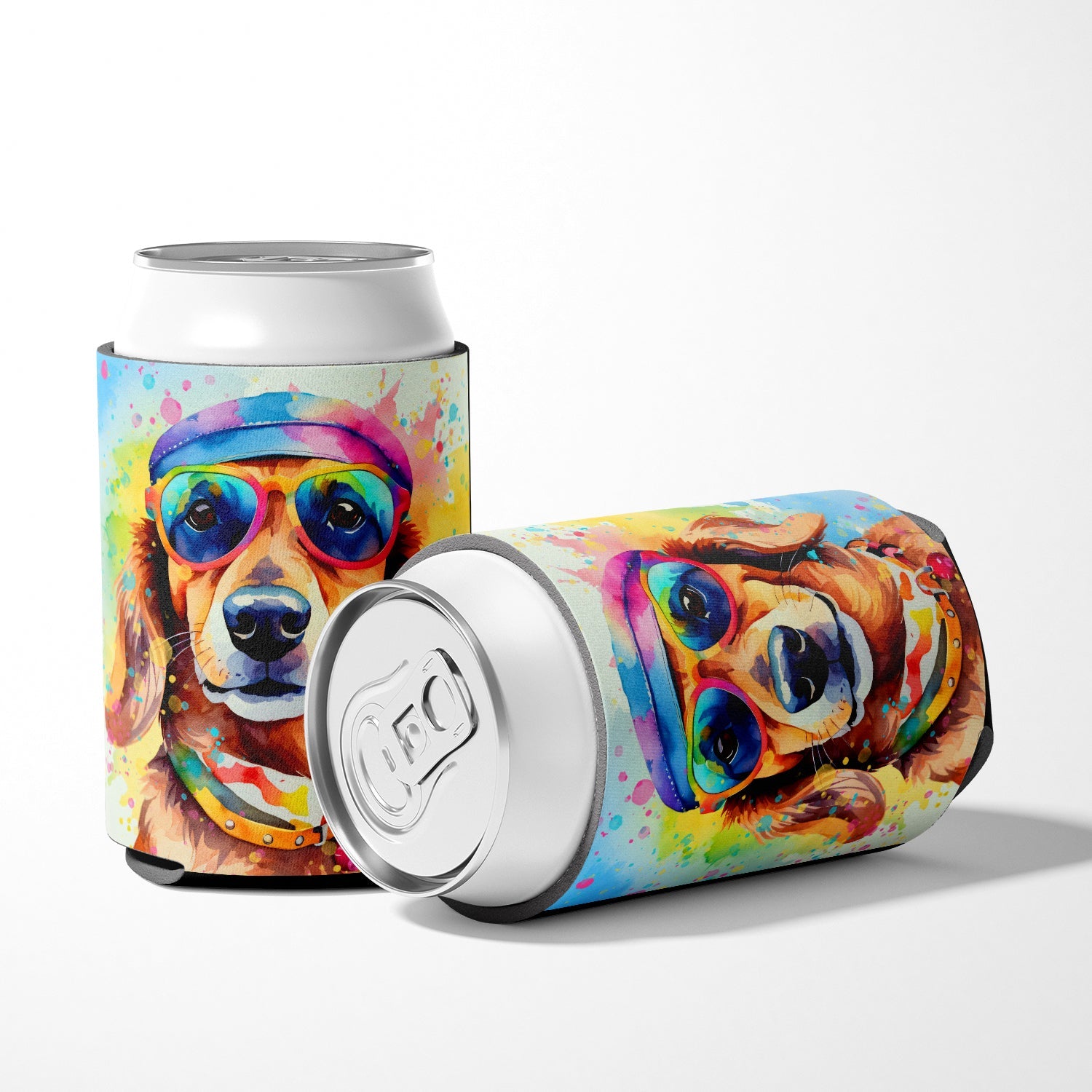 Dachshund Hippie Dawg Can or Bottle Hugger Cooler Sleeve for Standard 12 oz Cans, Insulated Foam Beer & Soda Can Hugger Reusable