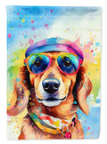 Dachshund Hippie Dawg House Flag 28x40 Porch Sleeve Pole Decorative Outside Yard Banner Artwork Wall Hanging, Polyester