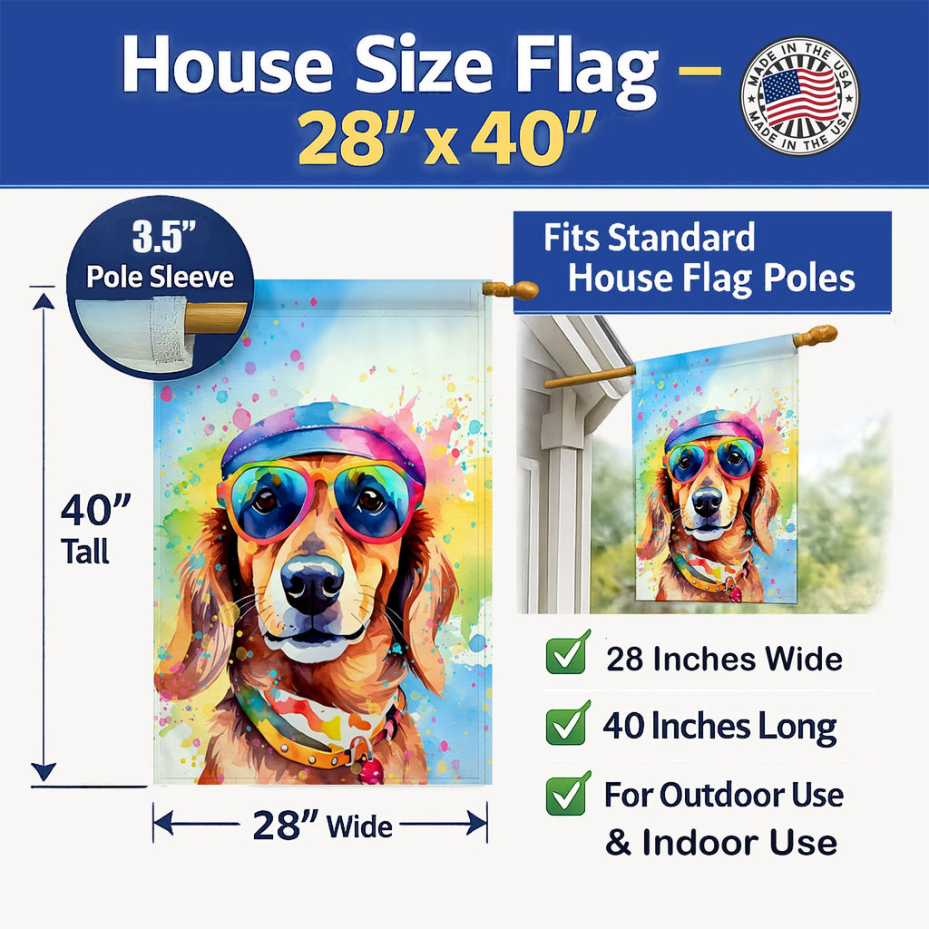 Dachshund Hippie Dawg House Flag 28x40 Porch Sleeve Pole Decorative Outside Yard Banner Artwork Wall Hanging, Polyester