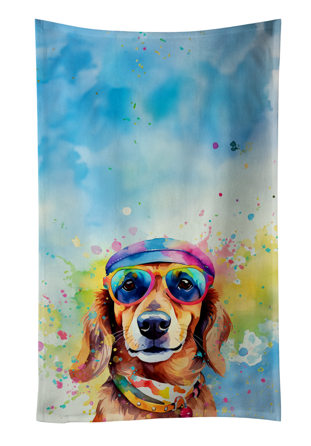 Dachshund Hippie Dawg Kitchen Towel Velour Plush Front and Cotton Loop Back Machine Washable