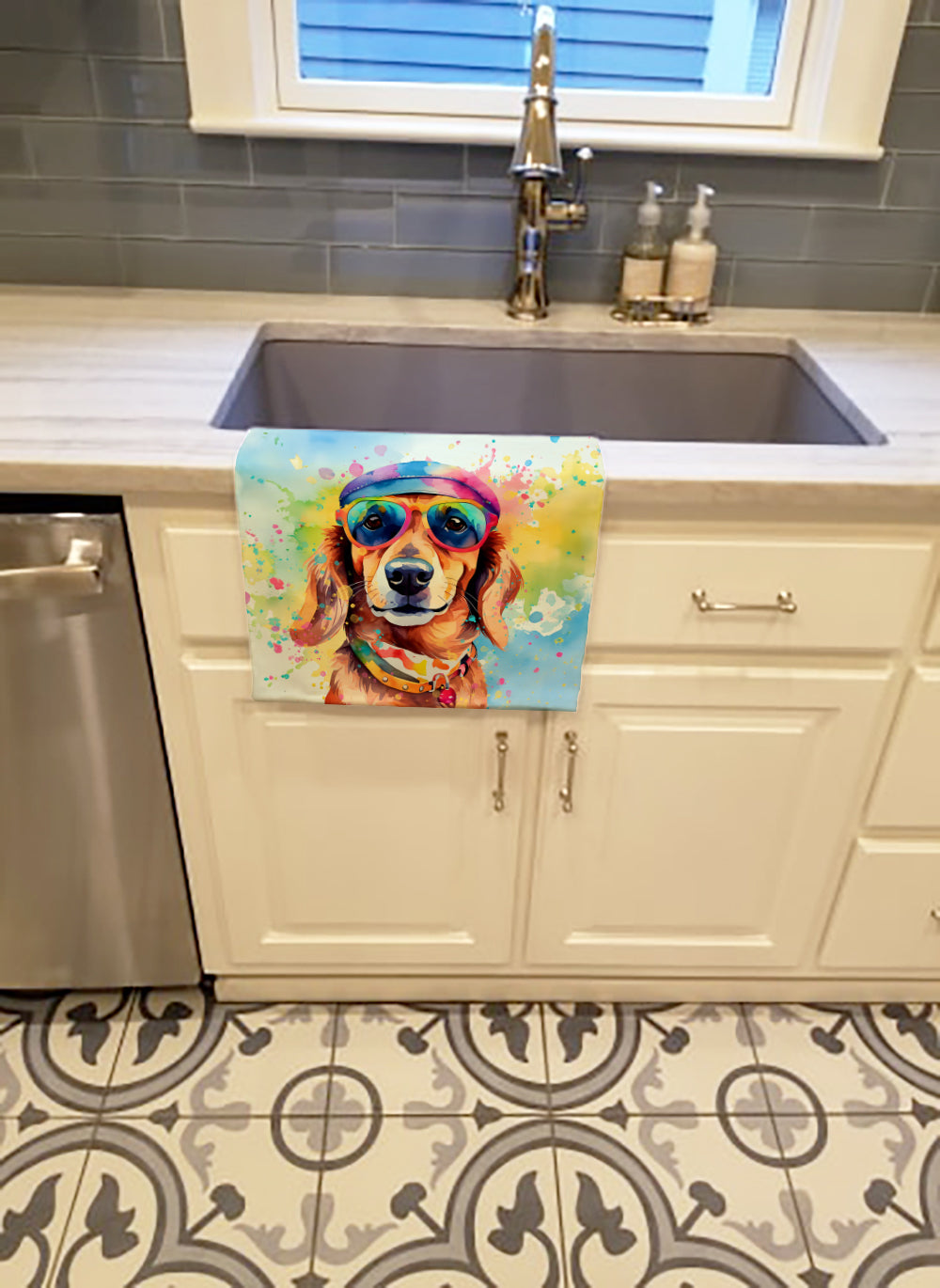 Dachshund Hippie Dawg Kitchen Towel Velour Plush Front and Cotton Loop Back Machine Washable