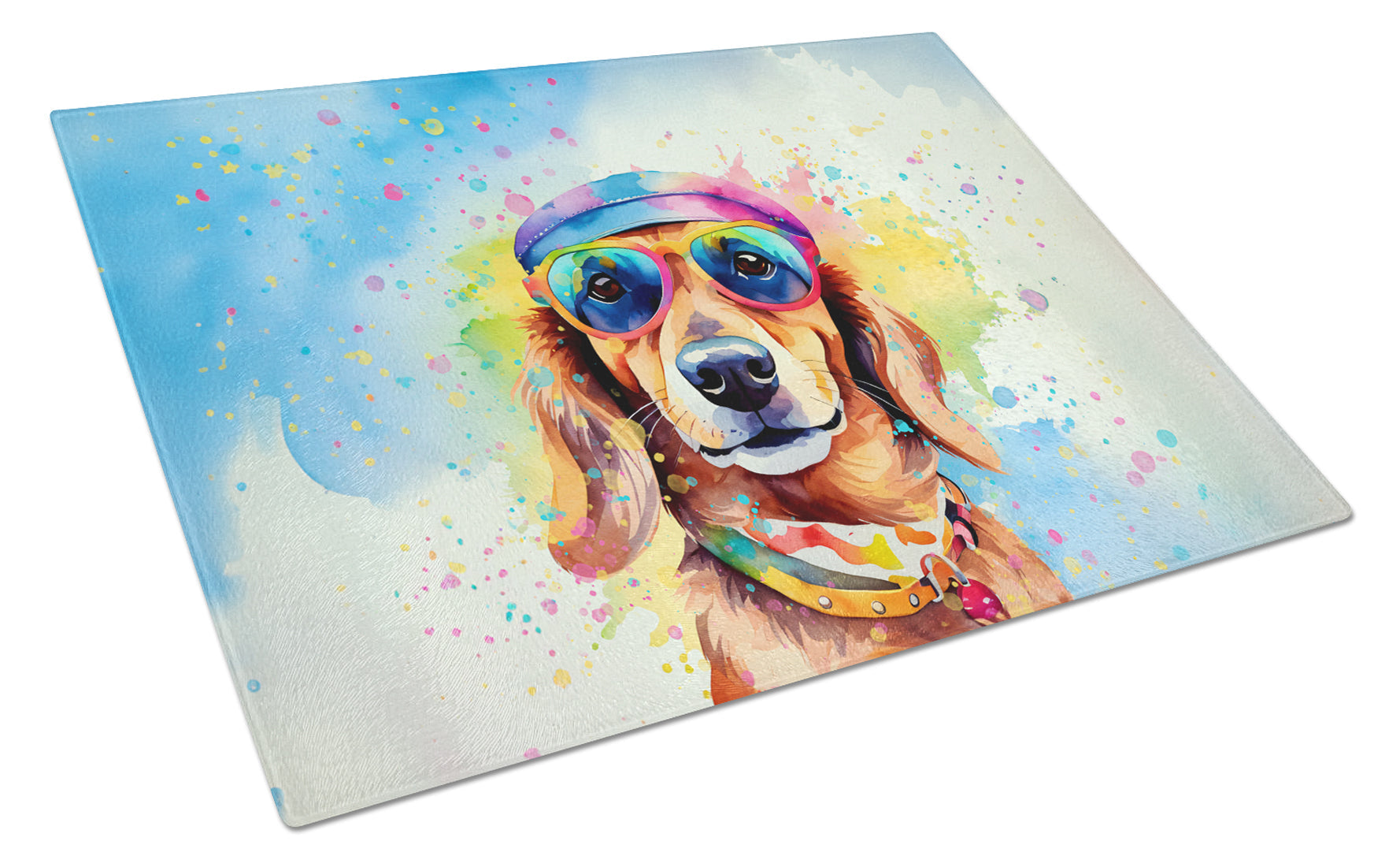 Dachshund Hippie Dawg Cutting Board Tempered Glass Kitchen Cutting Surface, Heat Resistant Chopping, Non-Slip Feet, Food Prep & Serving