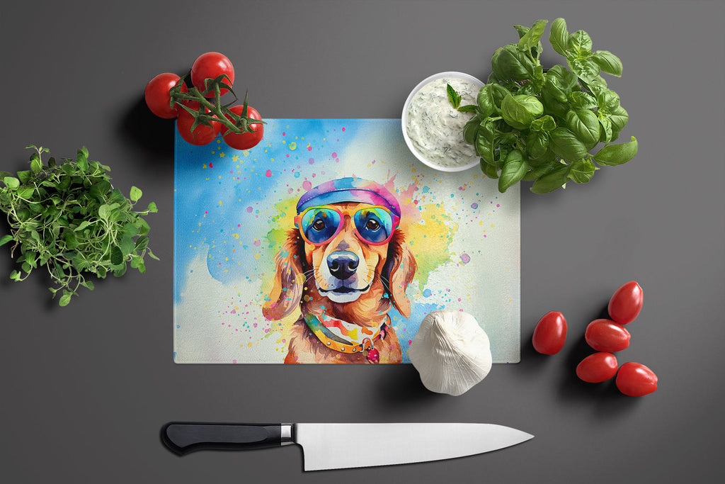 Dachshund Hippie Dawg Cutting Board Tempered Glass Kitchen Cutting Surface, Heat Resistant Chopping, Non-Slip Feet, Food Prep & Serving