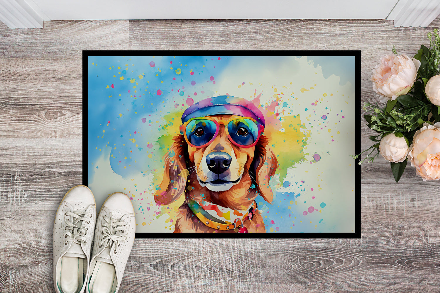 Dachshund Hippie Dawg Doormat Indoor Outdoor 18H X 27W Front Door Mat Rugs for Entryway, Non Slip Washable