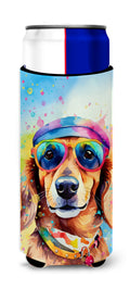 Dachshund Hippie Dawg Slim Can Hugger , Insulated Foam Hugger for 12 oz Slim Cans, Beer Bottles & Water Bottles, Printed in USA