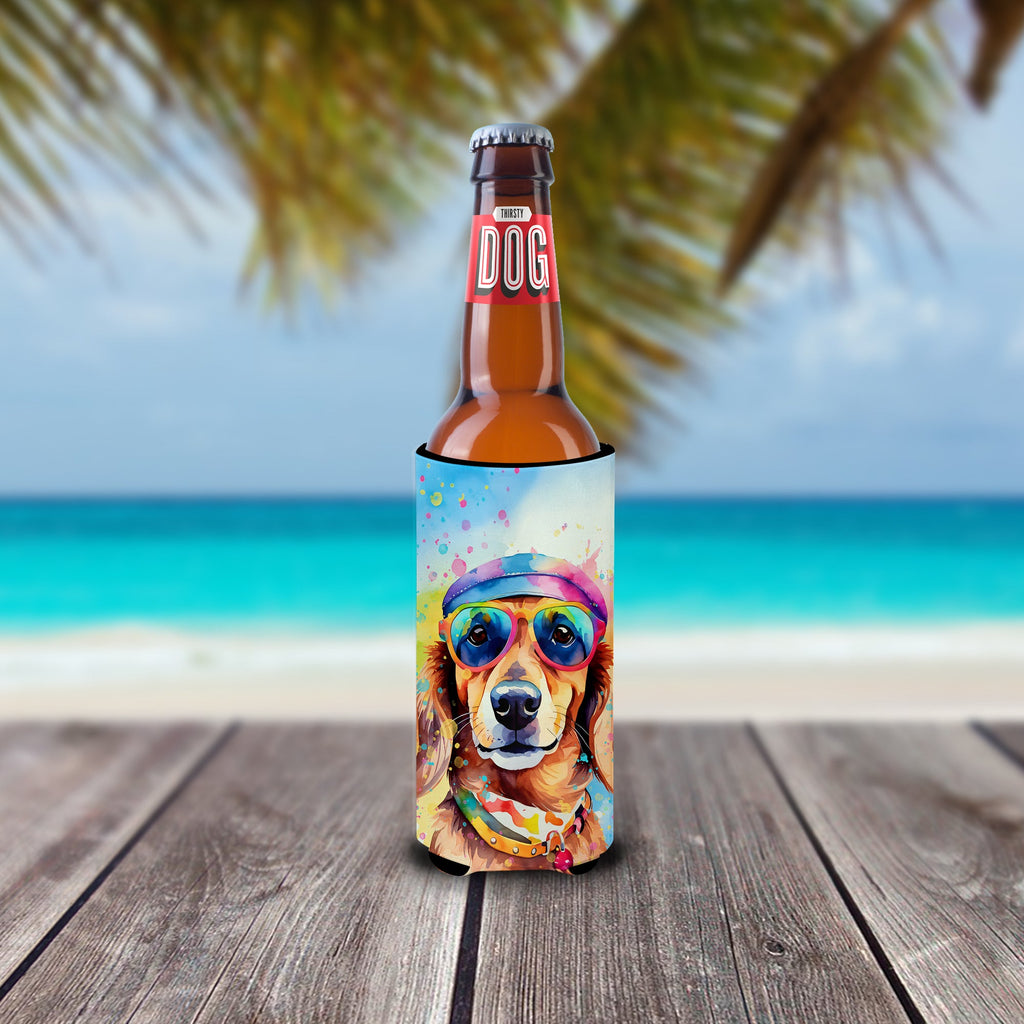 Dachshund Hippie Dawg Slim Can Hugger , Insulated Foam Hugger for 12 oz Slim Cans, Beer Bottles & Water Bottles, Printed in USA