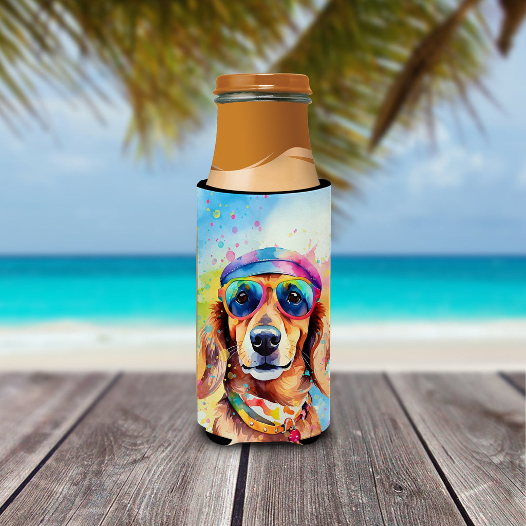 Dachshund Hippie Dawg Slim Can Hugger , Insulated Foam Hugger for 12 oz Slim Cans, Beer Bottles & Water Bottles, Printed in USA