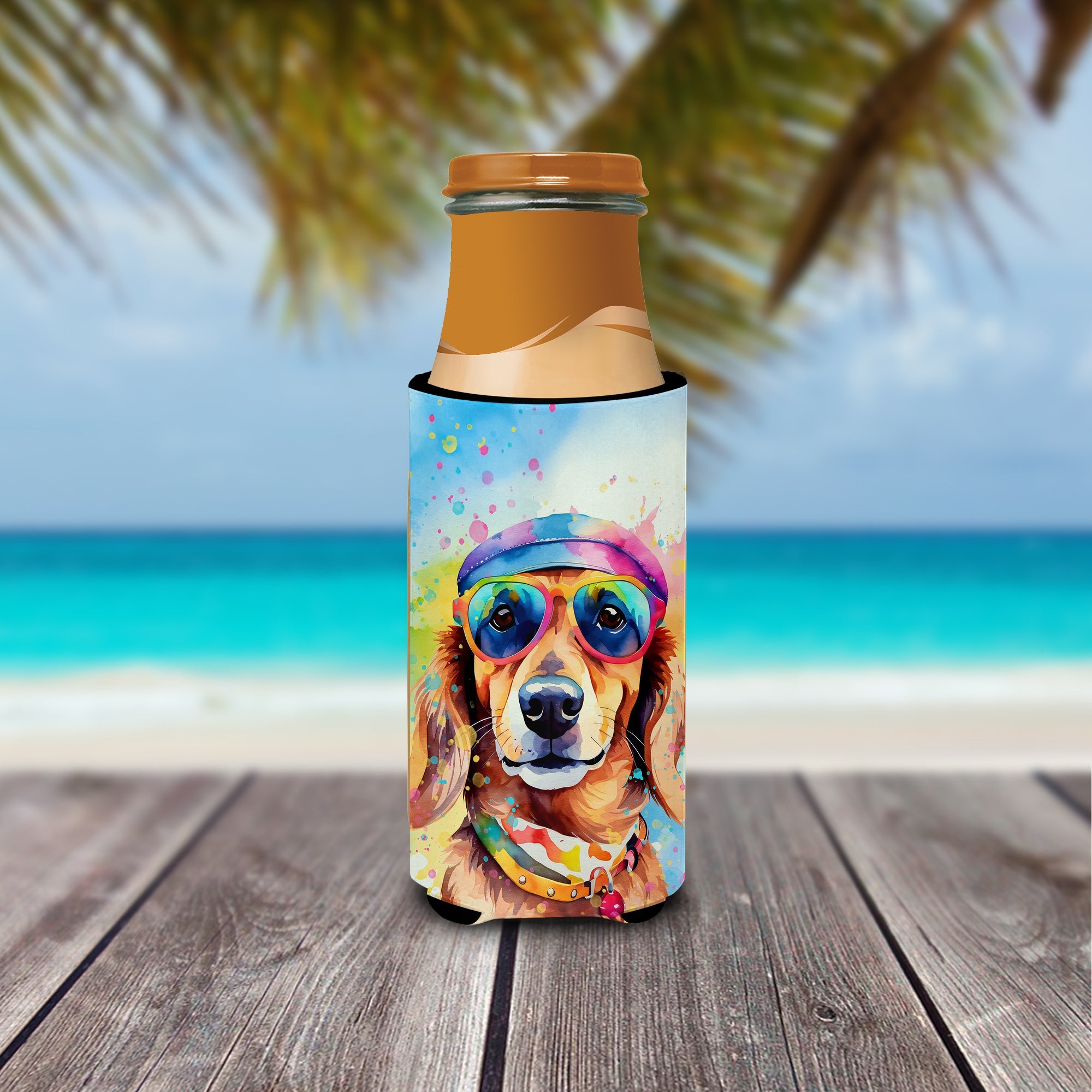 Dachshund Hippie Dawg Slim Can Hugger , Insulated Foam Hugger for 12 oz Slim Cans, Beer Bottles & Water Bottles, Printed in USA