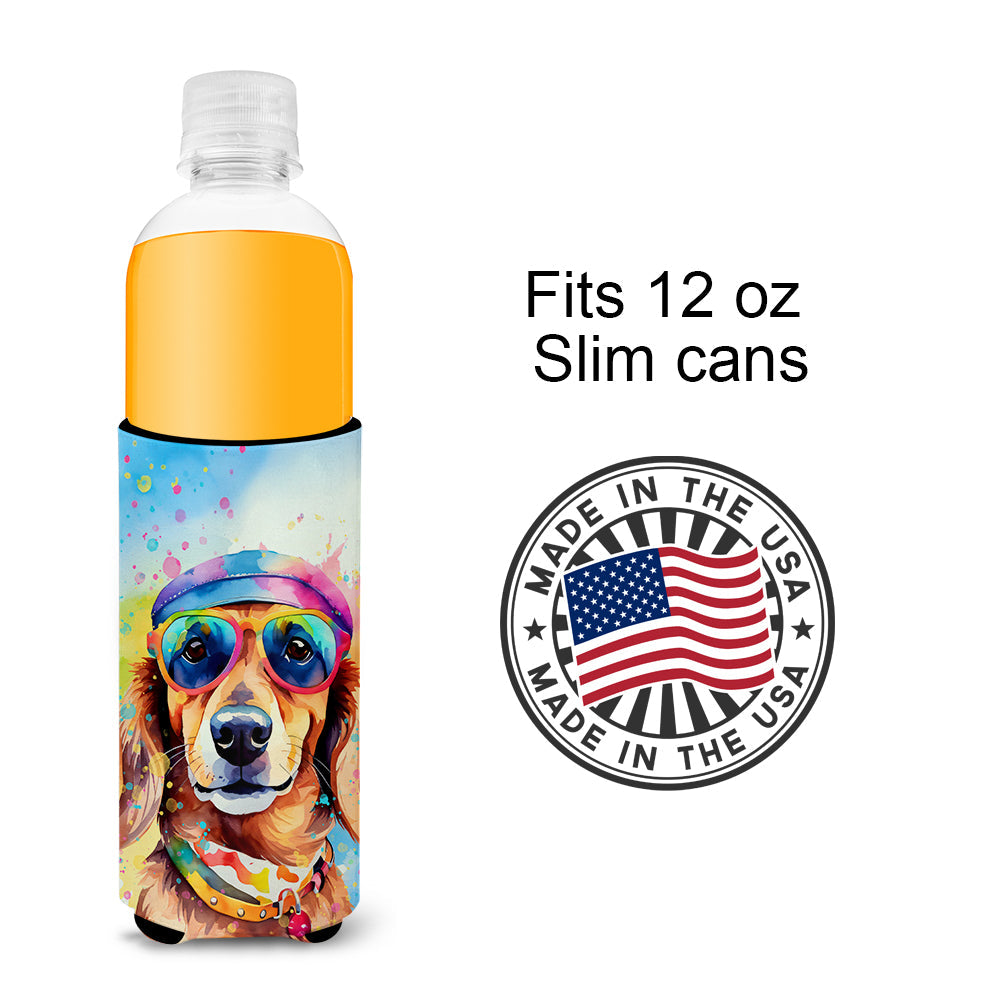 Dachshund Hippie Dawg Slim Can Hugger , Insulated Foam Hugger for 12 oz Slim Cans, Beer Bottles & Water Bottles, Printed in USA