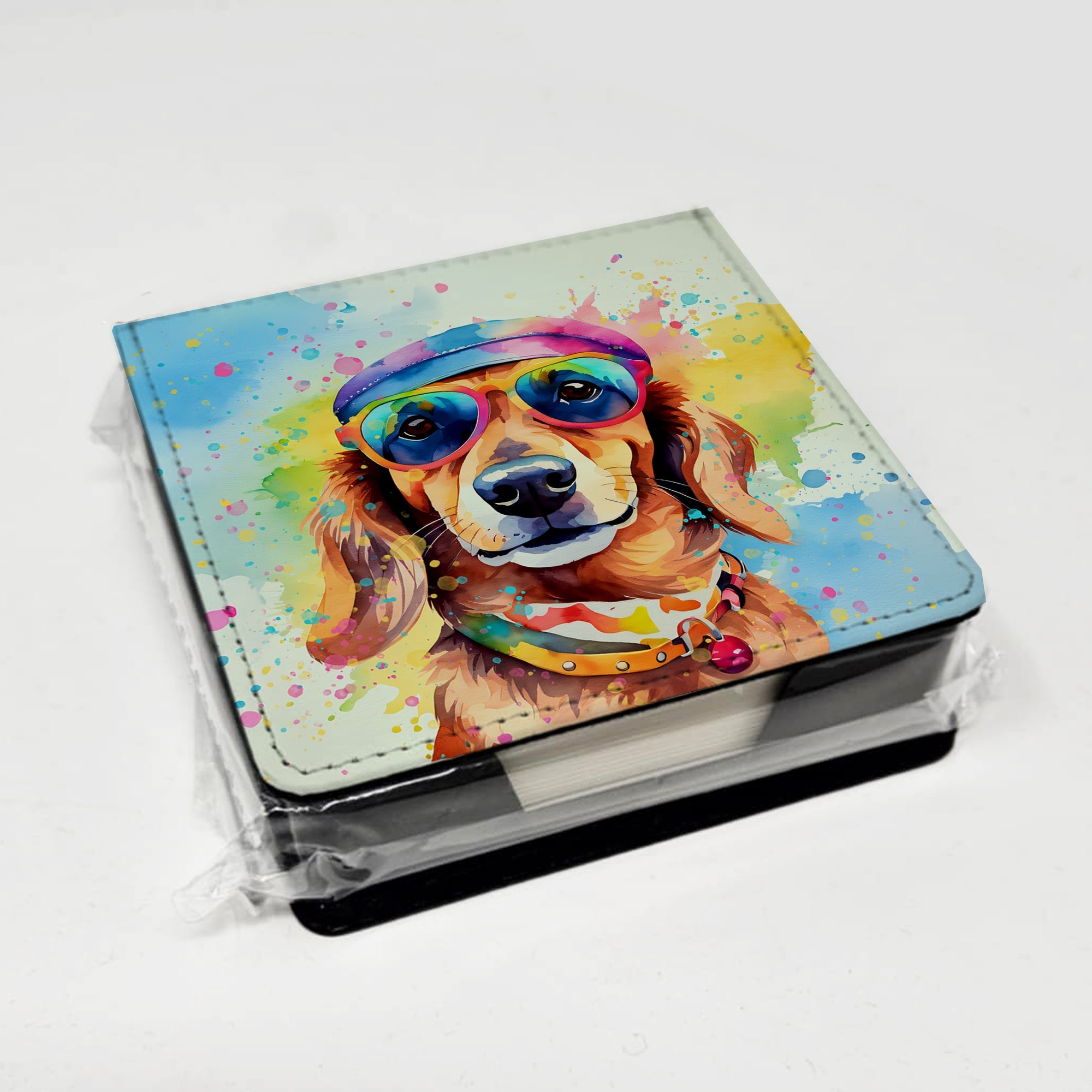 Dachshund Hippie Dawg PU Leather Note Paper Holder with Artist-Designed Cover, Desk Accessory, Office Gift
