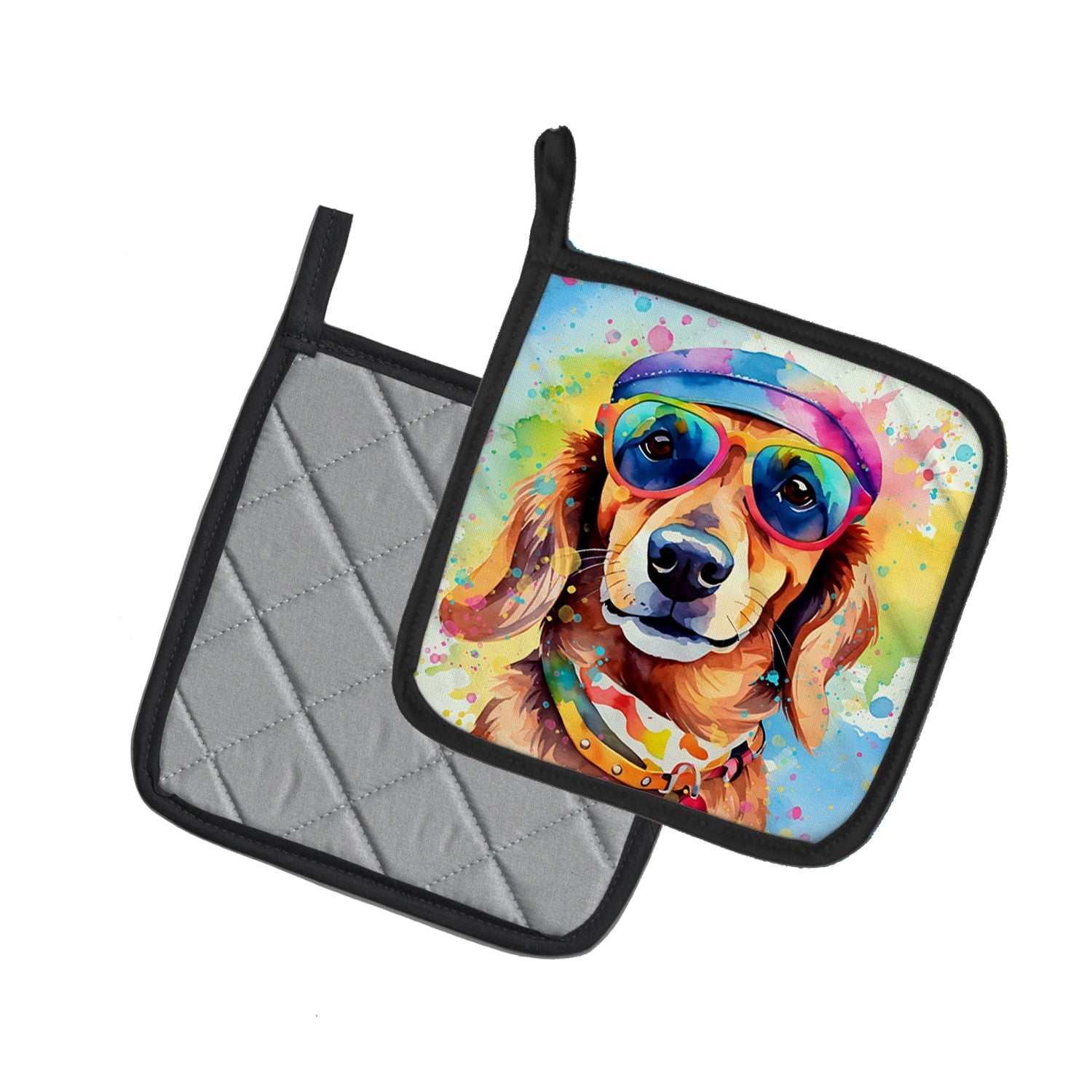 Dachshund Hippie Dawg Pot Holder Set of 2 Heat Resistant Quilted Hot Pads 7.5 x 7.5 Inch, Insulated Kitchen Trivets for Cooking & Baking