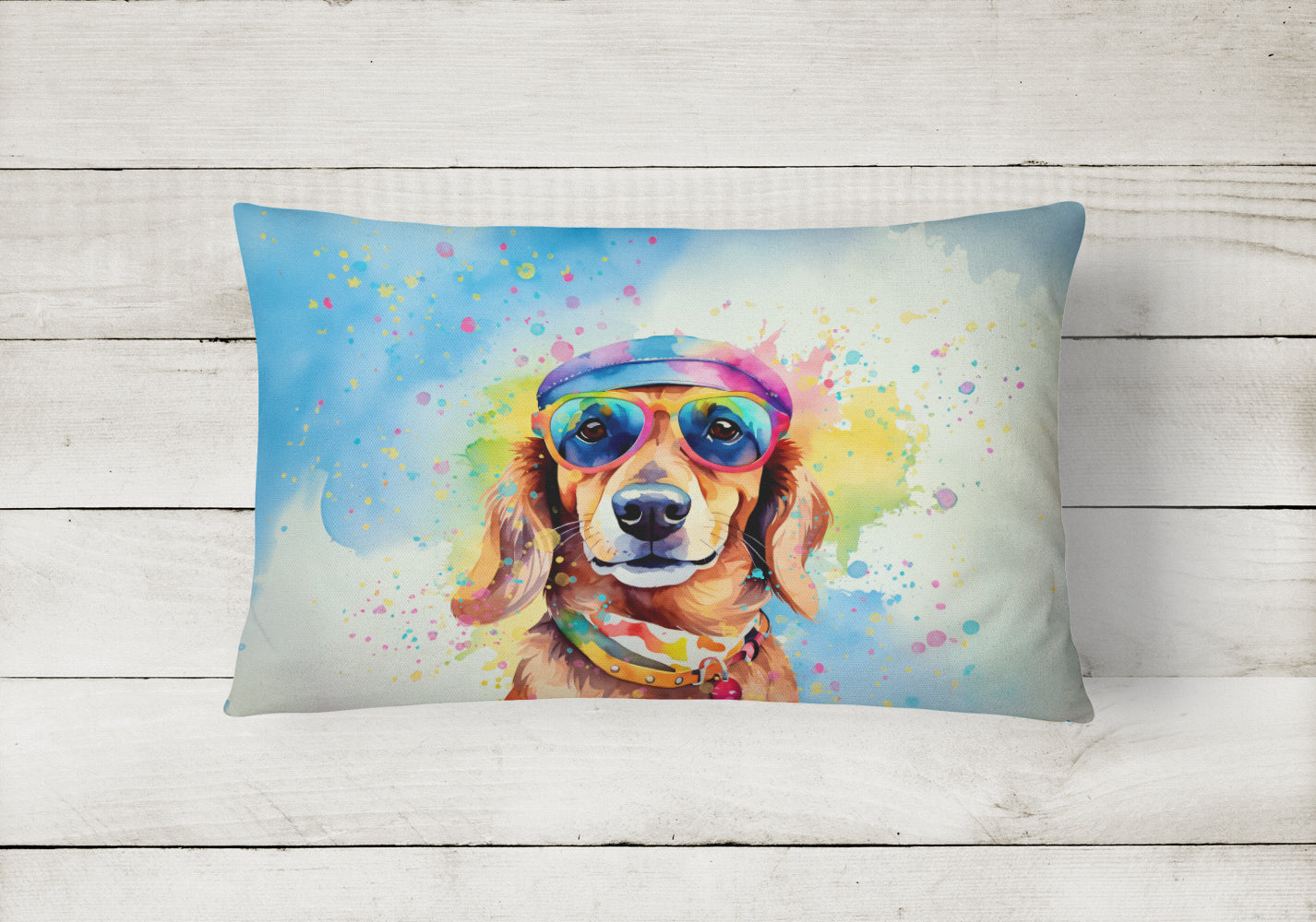Dachshund Hippie Dawg Decorative Throw Pillow 12x16 Indoor Outdoor Accent Cushion, Fabric Cover with Insert for Sofa, Bed, Porch & Living Room