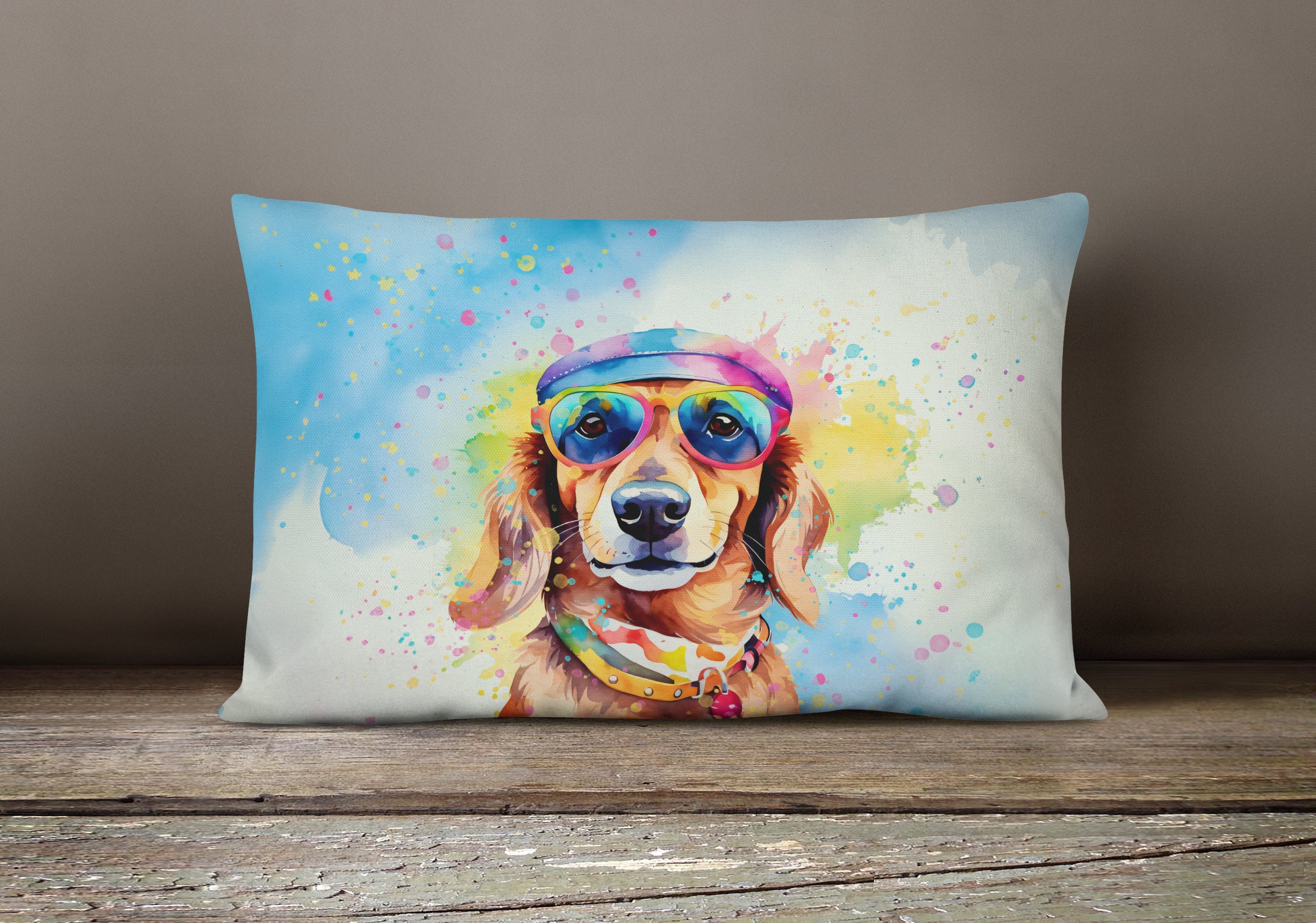 Dachshund Hippie Dawg Decorative Throw Pillow 12x16 Indoor Outdoor Accent Cushion, Fabric Cover with Insert for Sofa, Bed, Porch & Living Room