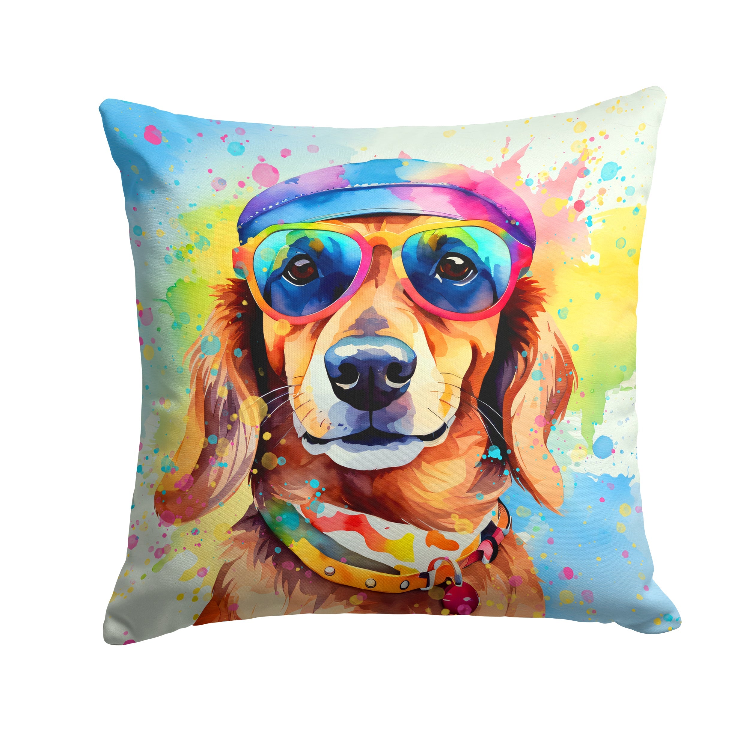 Dachshund Hippie Dawg Decorative Throw Pillow 14x14 Indoor Outdoor Accent Cushion, Fabric Cover with Insert for Sofa, Bed, Porch & Living Room