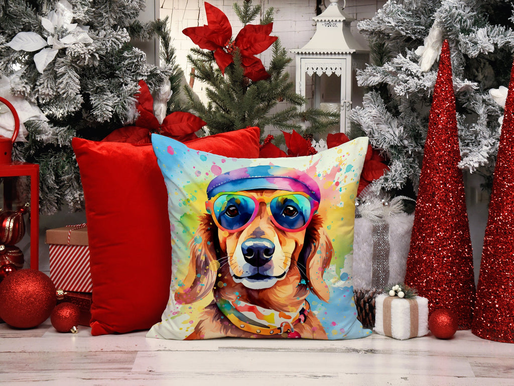 Dachshund Hippie Dawg Decorative Throw Pillow 14x14 Indoor Outdoor Accent Cushion, Fabric Cover with Insert for Sofa, Bed, Porch & Living Room