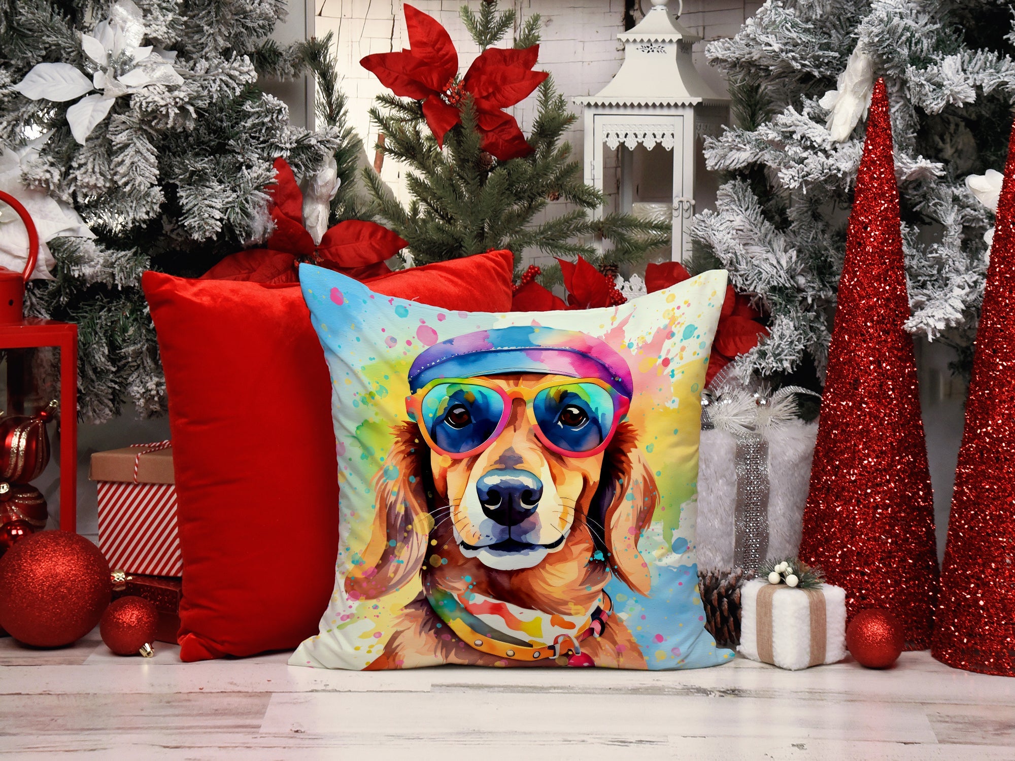 Dachshund Hippie Dawg Decorative Throw Pillow 14x14 Indoor Outdoor Accent Cushion, Fabric Cover with Insert for Sofa, Bed, Porch & Living Room