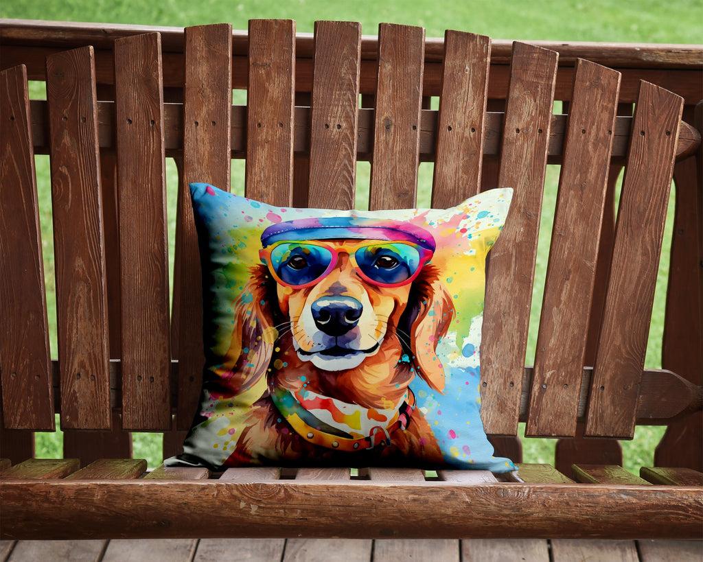 Dachshund Hippie Dawg Decorative Throw Pillow 14x14 Indoor Outdoor Accent Cushion, Fabric Cover with Insert for Sofa, Bed, Porch & Living Room
