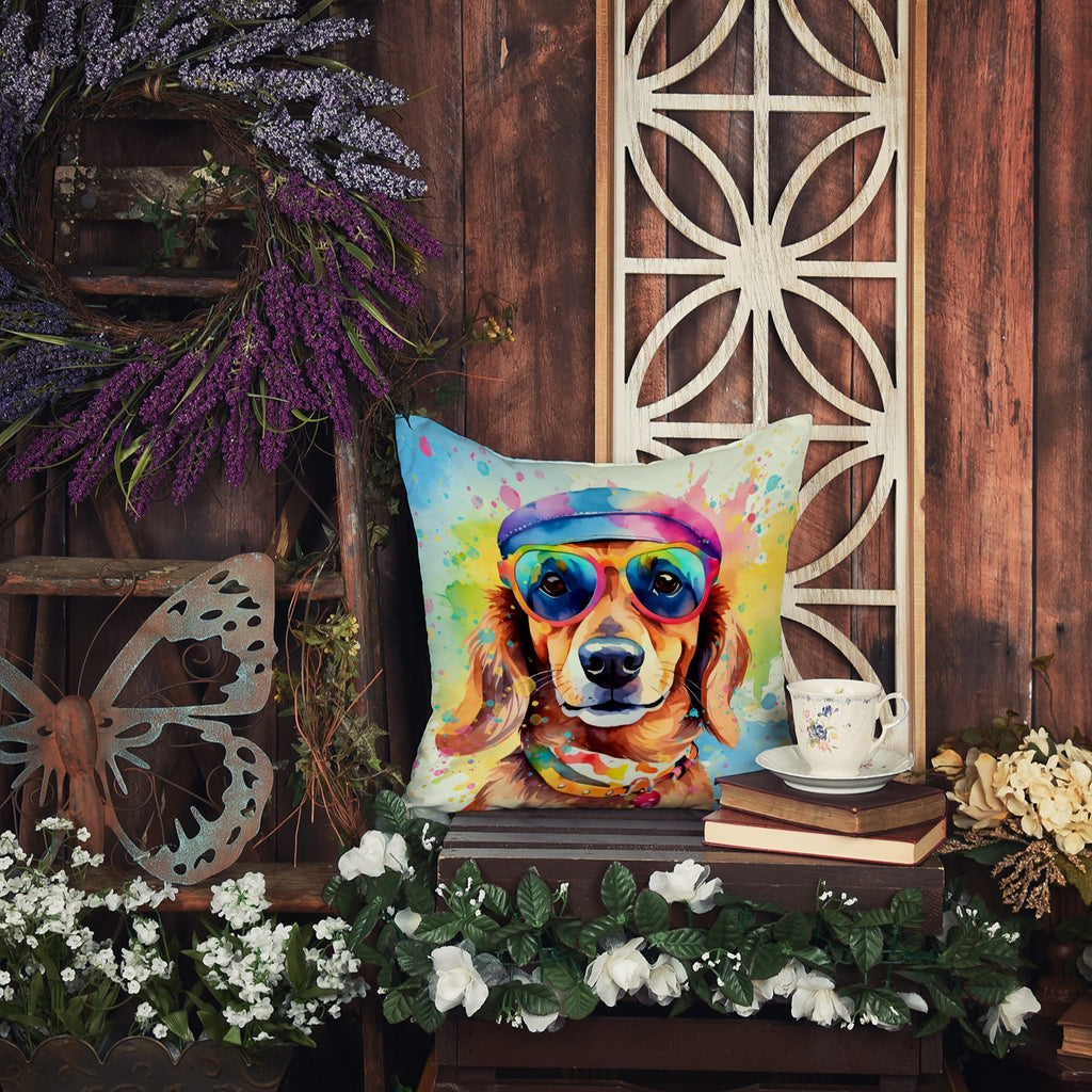 Dachshund Hippie Dawg Decorative Throw Pillow 18x18 Indoor Outdoor Accent Cushion, Fabric Cover with Insert for Sofa, Bed, Porch & Living Room