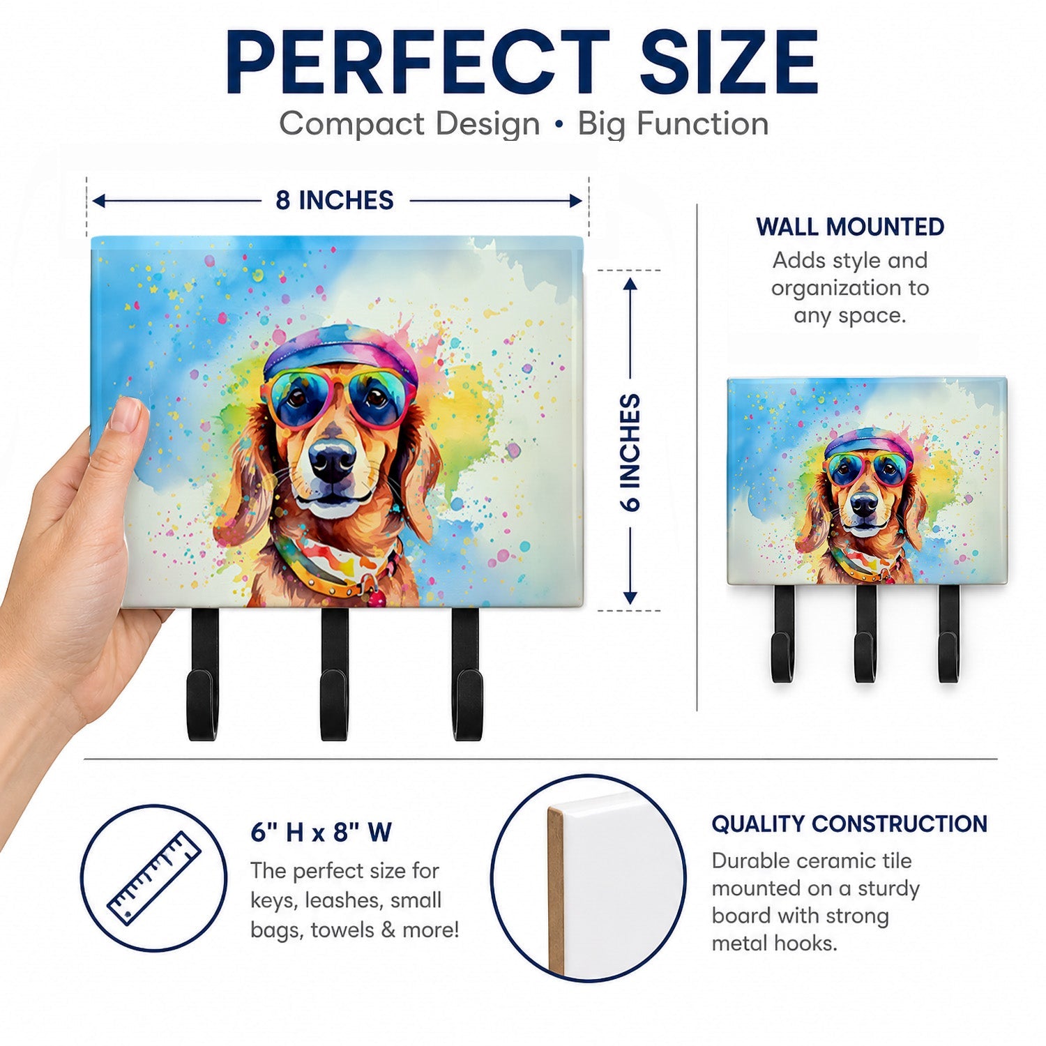 Dachshund Hippie Dawg Leash or Key Holder Wall Hooks, Coat Rack Wall Mount, for Hanging Keys, Towels, Aprons, Leashes