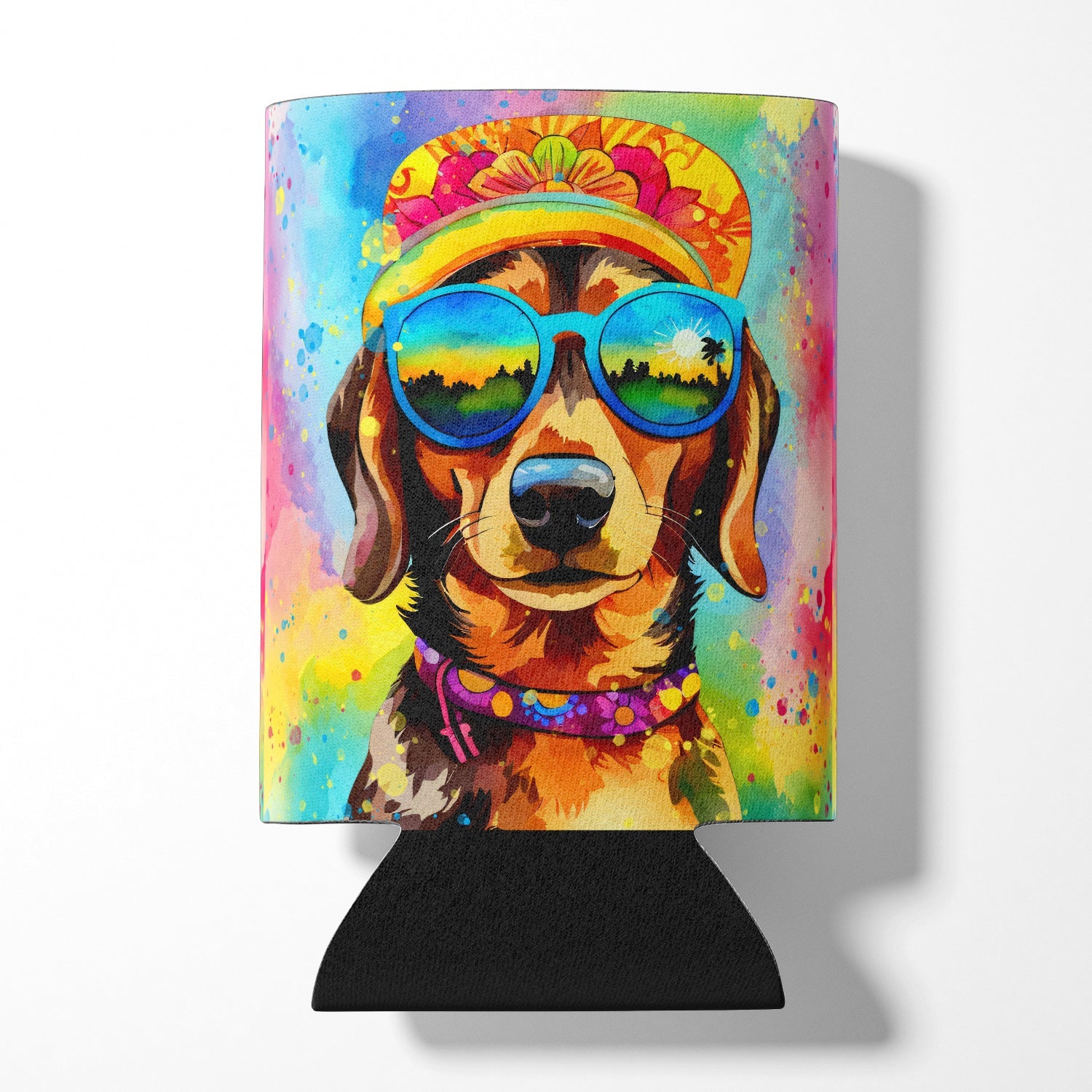Dachshund Hippie Dawg Can or Bottle Hugger Cooler Sleeve for Standard 12 oz Cans, Insulated Foam Beer & Soda Can Hugger Reusable