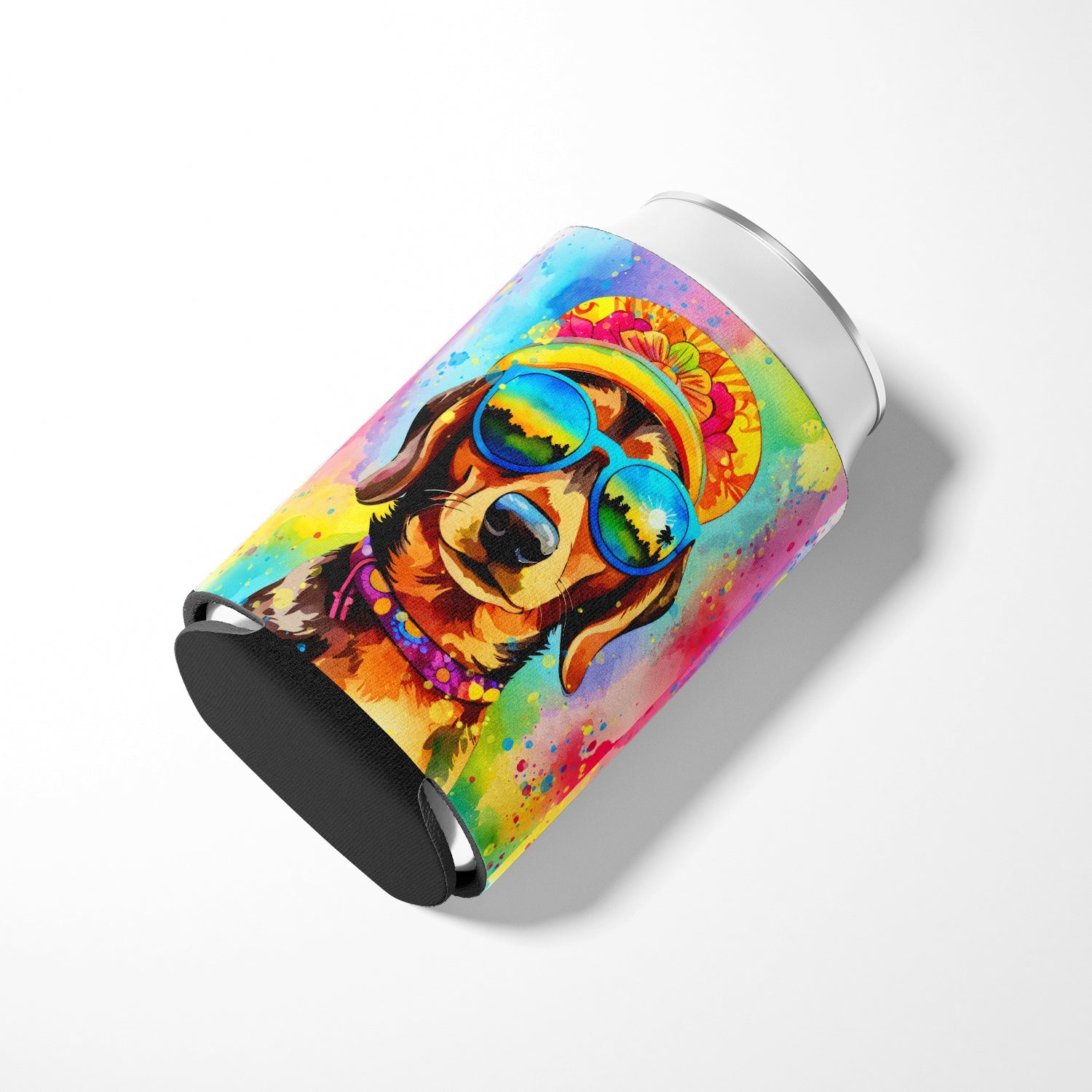 Dachshund Hippie Dawg Can or Bottle Hugger Cooler Sleeve for Standard 12 oz Cans, Insulated Foam Beer & Soda Can Hugger Reusable