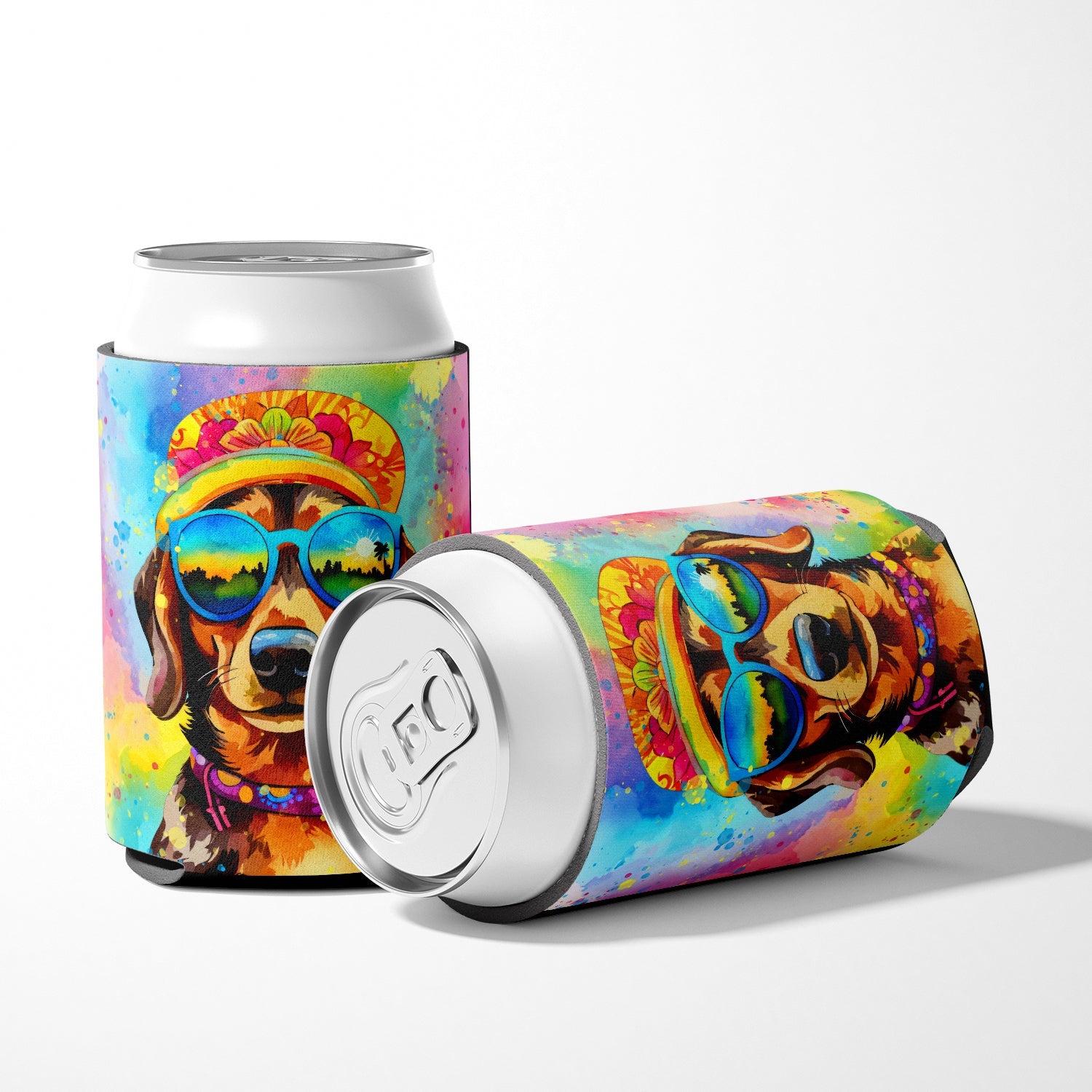 Dachshund Hippie Dawg Can or Bottle Hugger Cooler Sleeve for Standard 12 oz Cans, Insulated Foam Beer & Soda Can Hugger Reusable