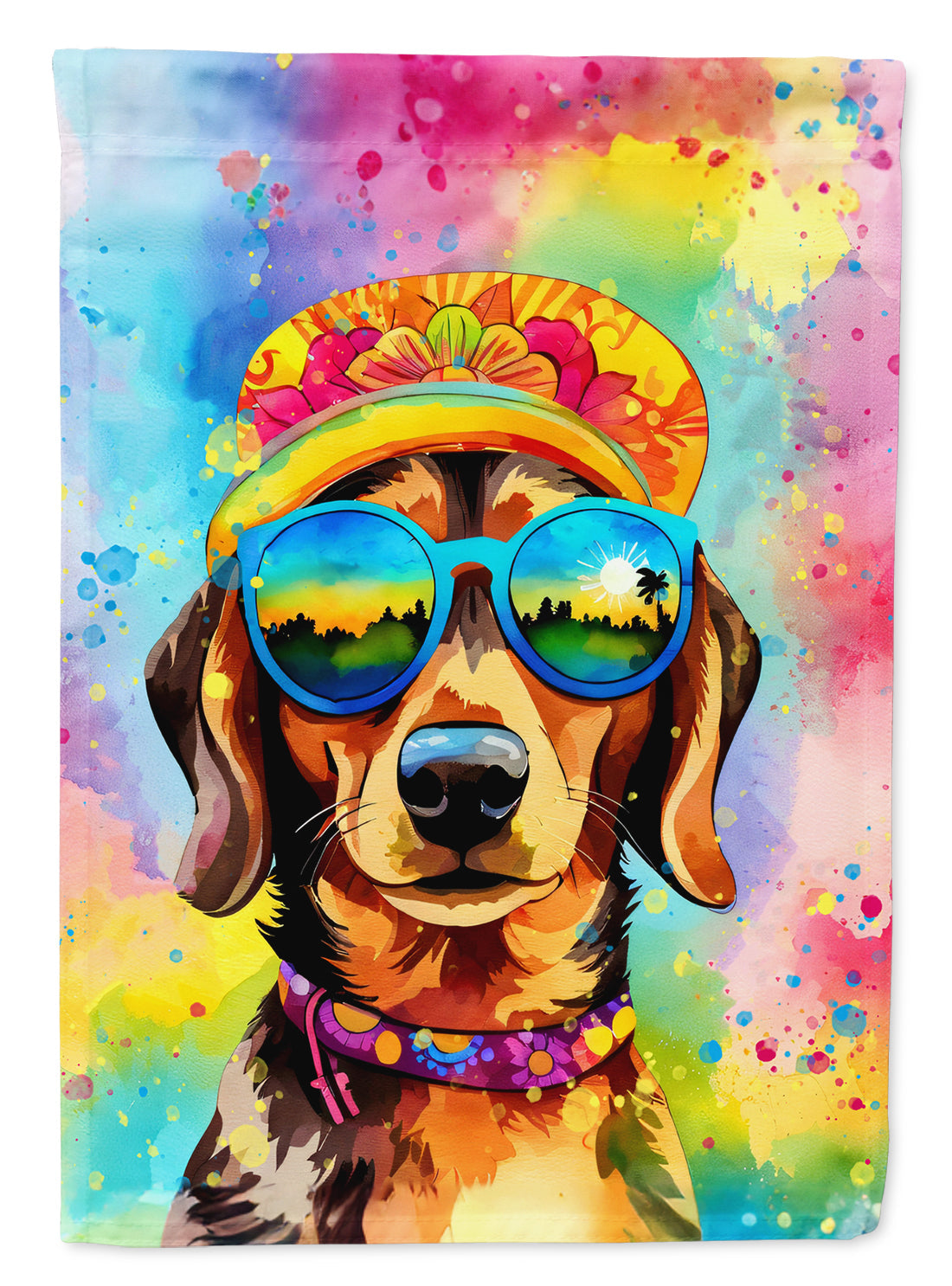 Dachshund Hippie Dawg House Flag 28x40 Porch Sleeve Pole Decorative Outside Yard Banner Artwork Wall Hanging, Polyester