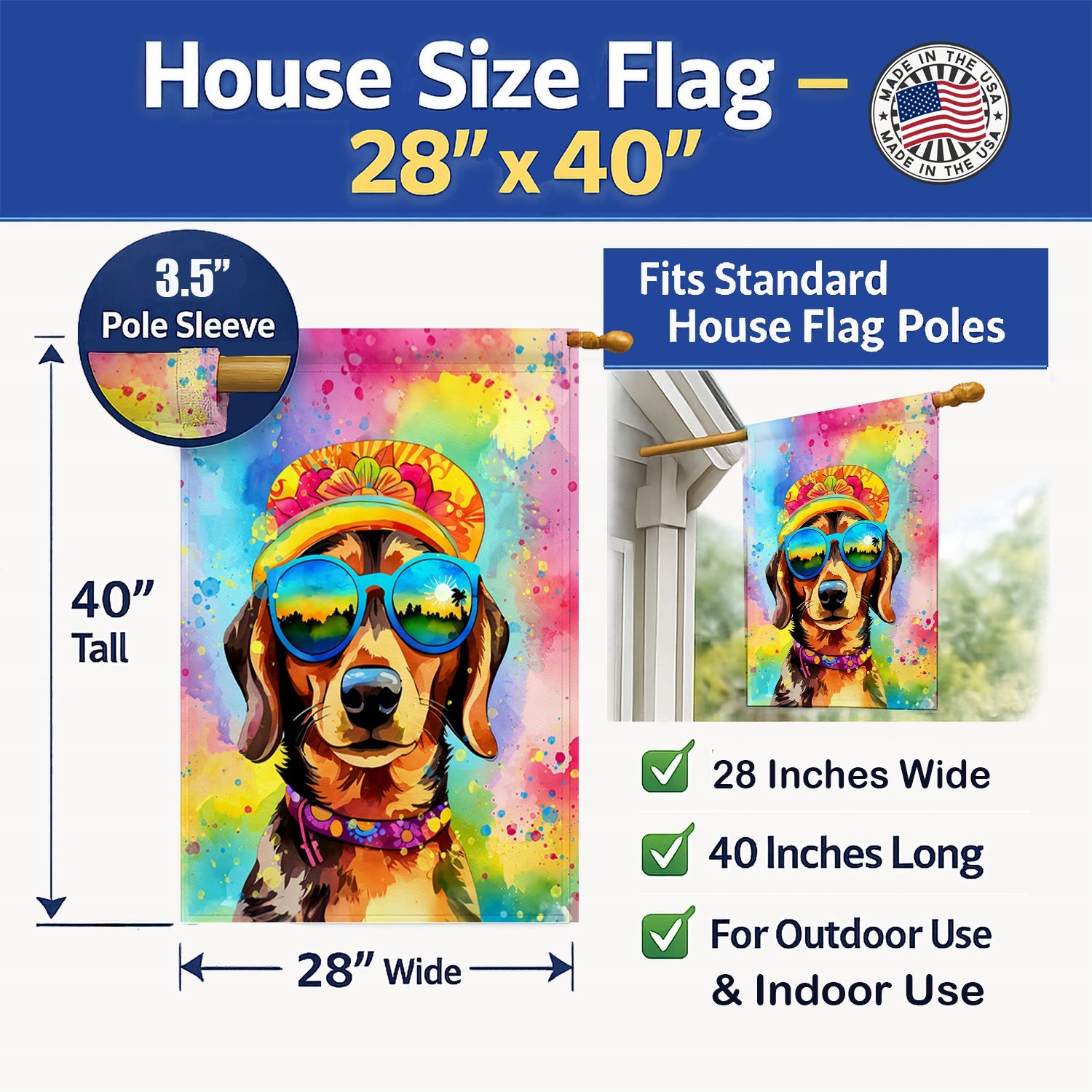 Dachshund Hippie Dawg House Flag 28x40 Porch Sleeve Pole Decorative Outside Yard Banner Artwork Wall Hanging, Polyester