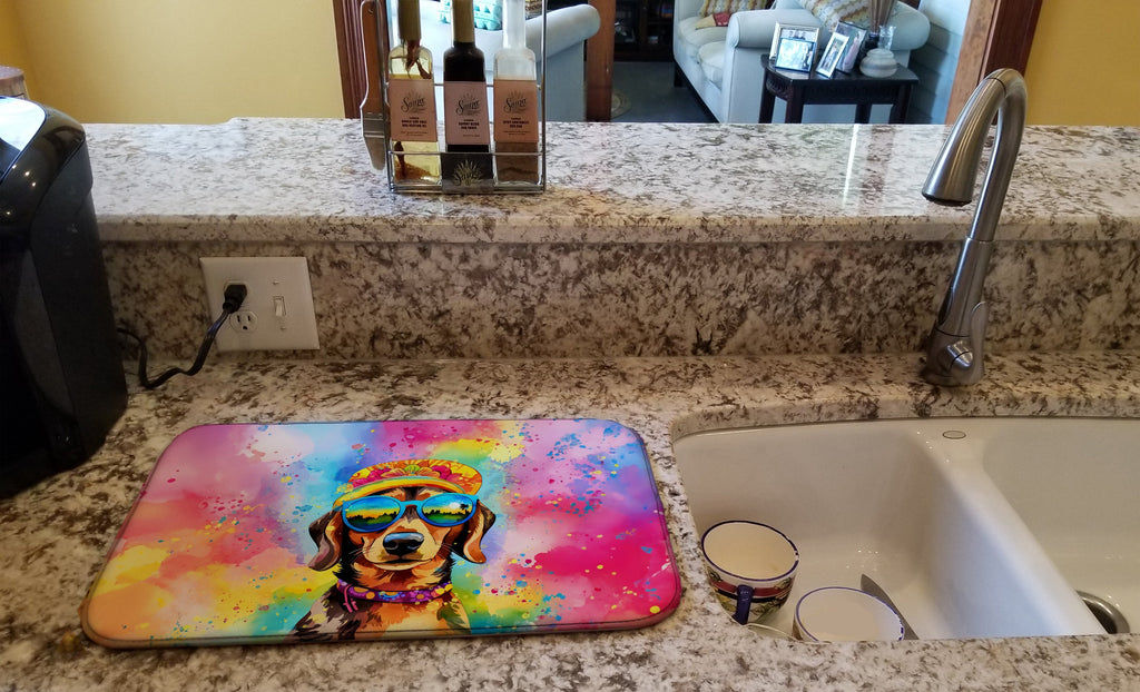 Dachshund Hippie Dawg Dish Drying Mat Absorbent Dish Drying Mat Pad for Kitchen Counter Dish Drainer Mat for Countertop, 14 x 21", Multicolor
