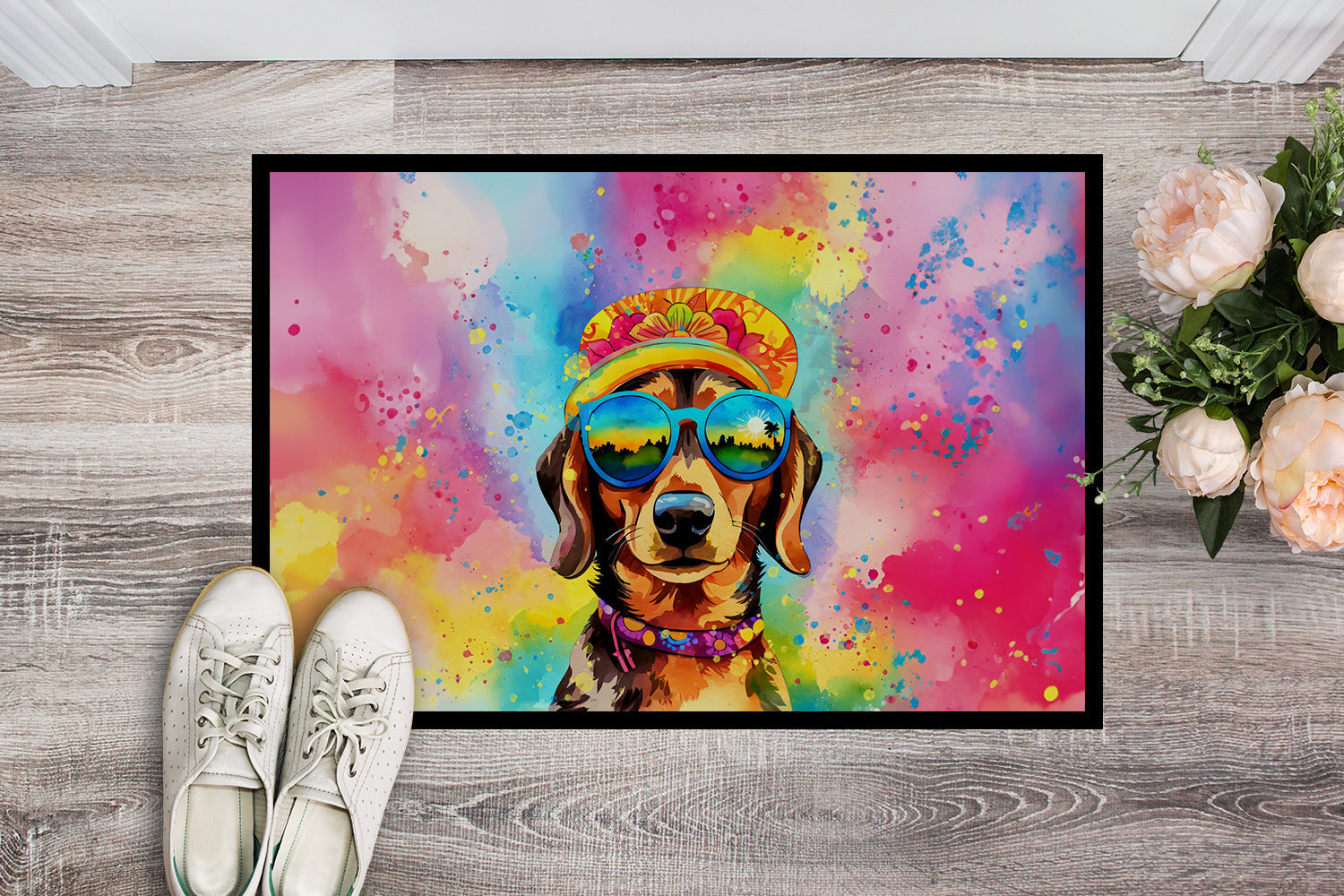 Dachshund Hippie Dawg Doormat Indoor Outdoor 24H X 36W Front Door Mat Rugs for Entryway, Non Slip Washable Low Pile,