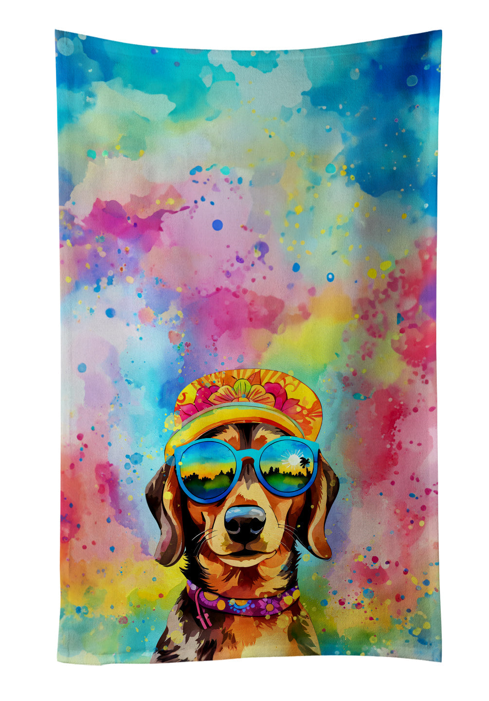 Dachshund Hippie Dawg Kitchen Towel Velour Plush Front and Cotton Loop Back Machine Washable