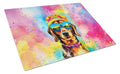 Dachshund Hippie Dawg Cutting Board Tempered Glass Kitchen Cutting Surface, Heat Resistant Chopping, Non-Slip Feet, Food Prep & Serving